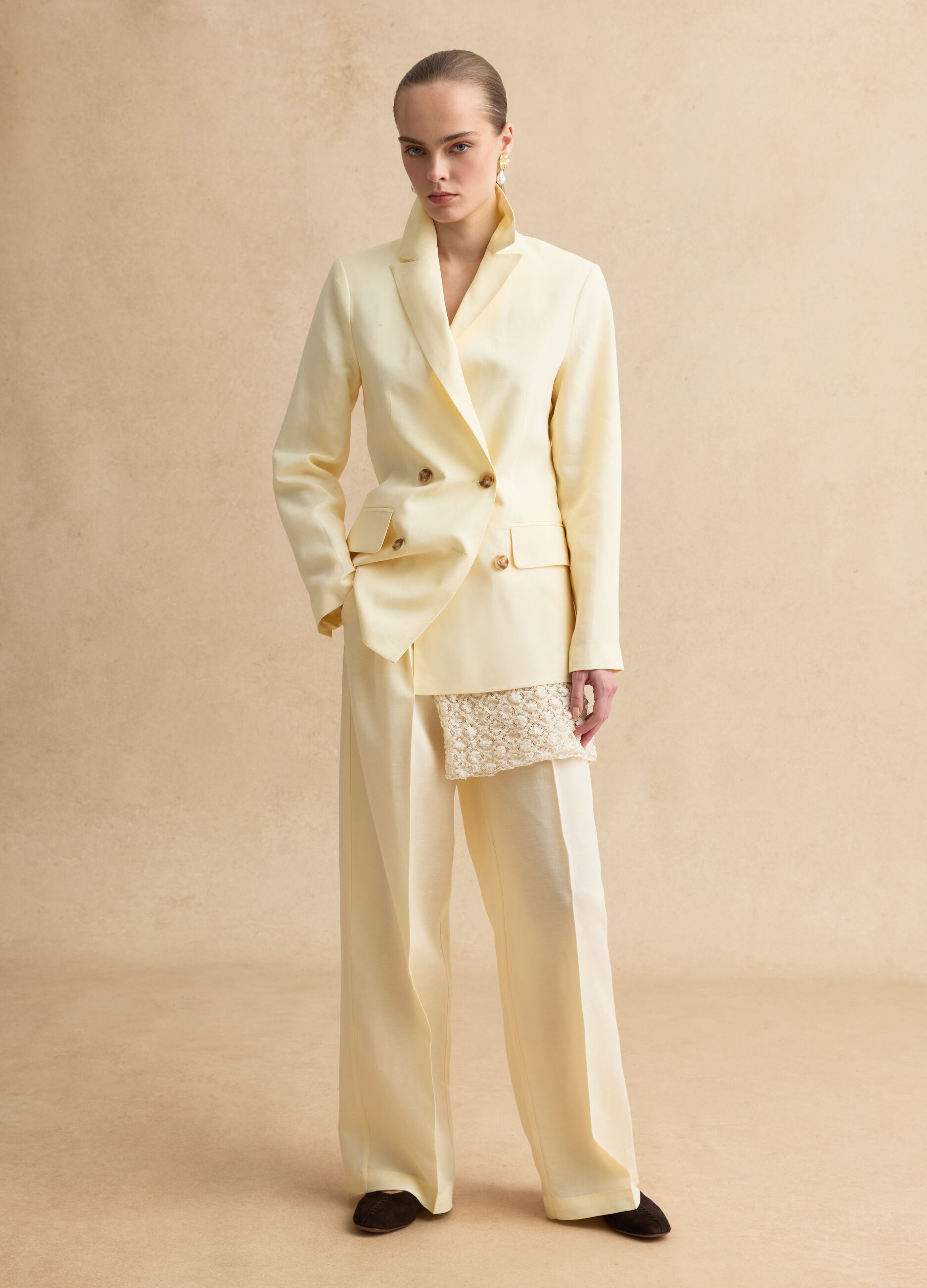 Elegant beige Lyocell and linen wide leg trousers