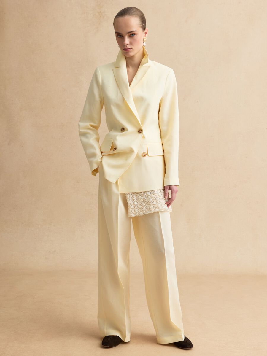 Elegant beige Lyocell and linen wide leg trousers_0