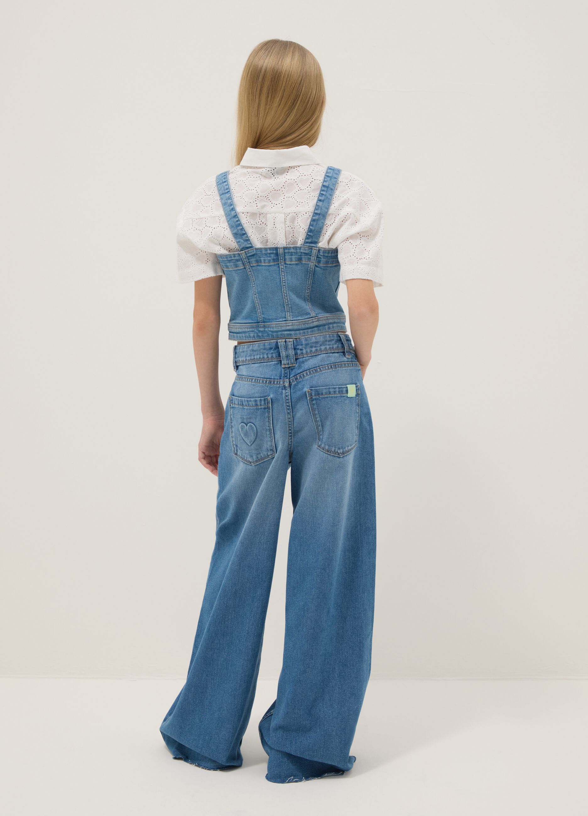 Girls' wide leg denim blue pure cotton jeans