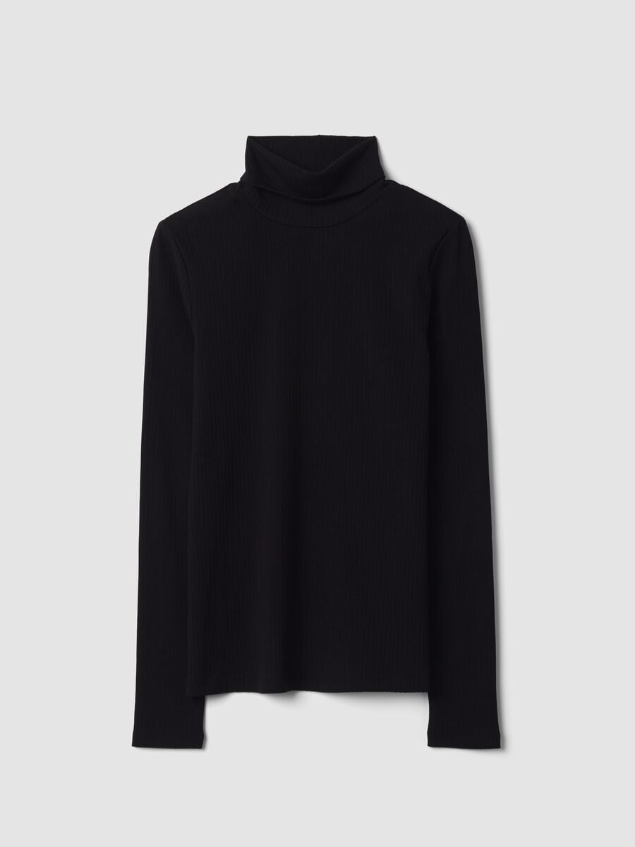 Black ribbed stretch-cotton crew-neck T-shirt, regular fit_0