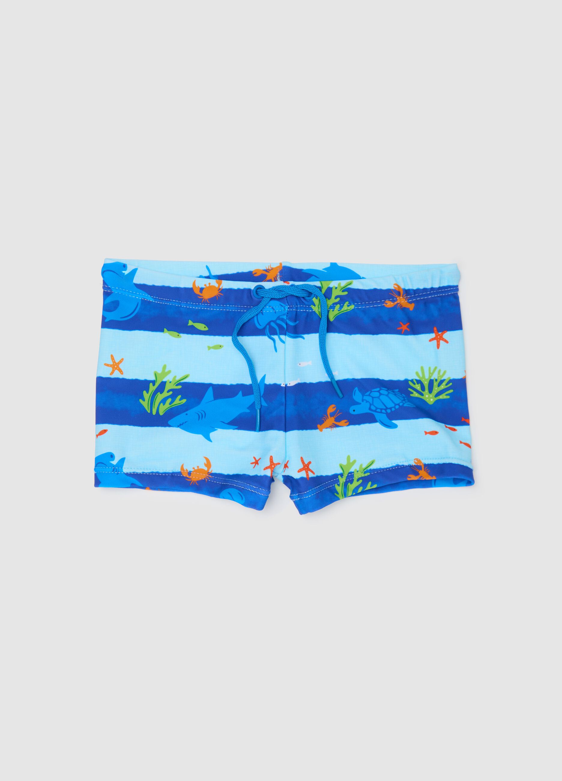 Striped Brief Swimsuit for Kids with Marine Print