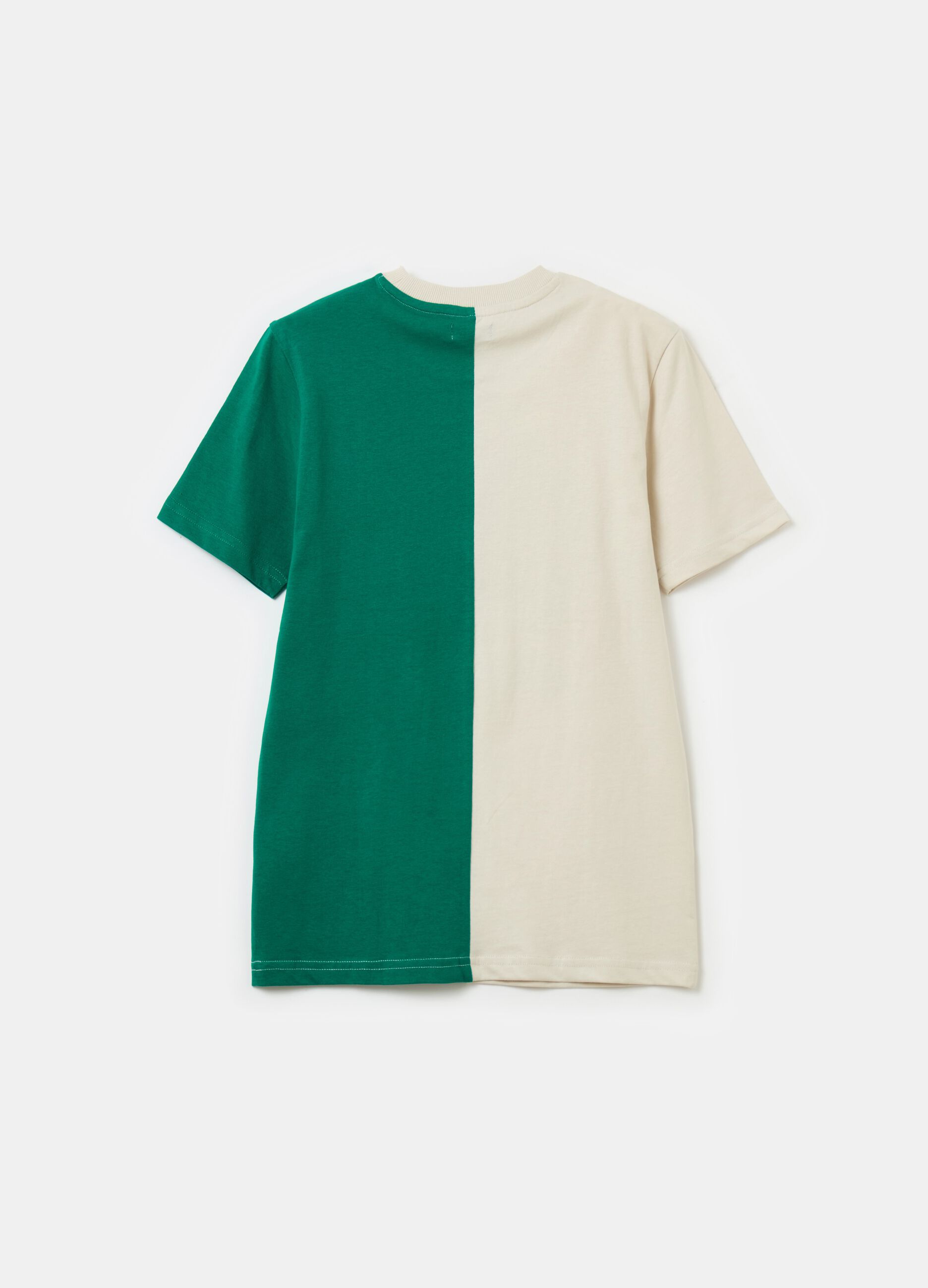 Two-tone T-shirt with printed lettering.