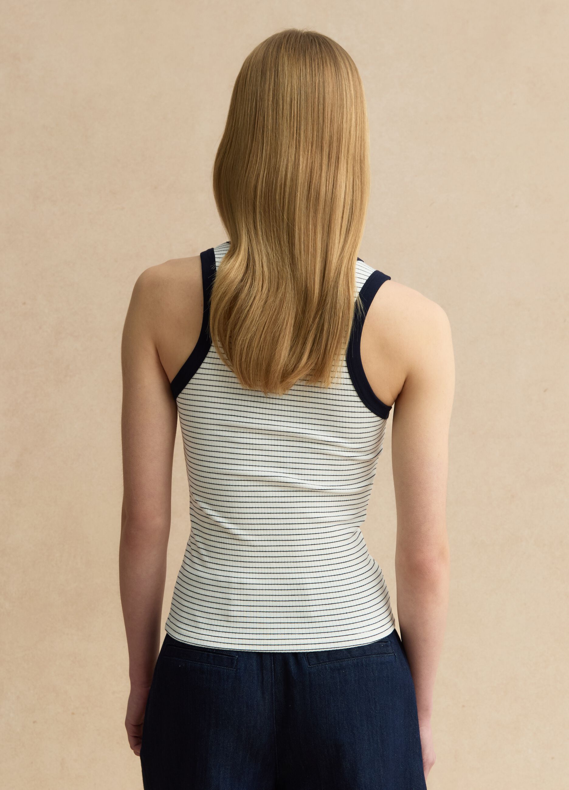 White stretch viscose tank top with blue detailing, regular fit