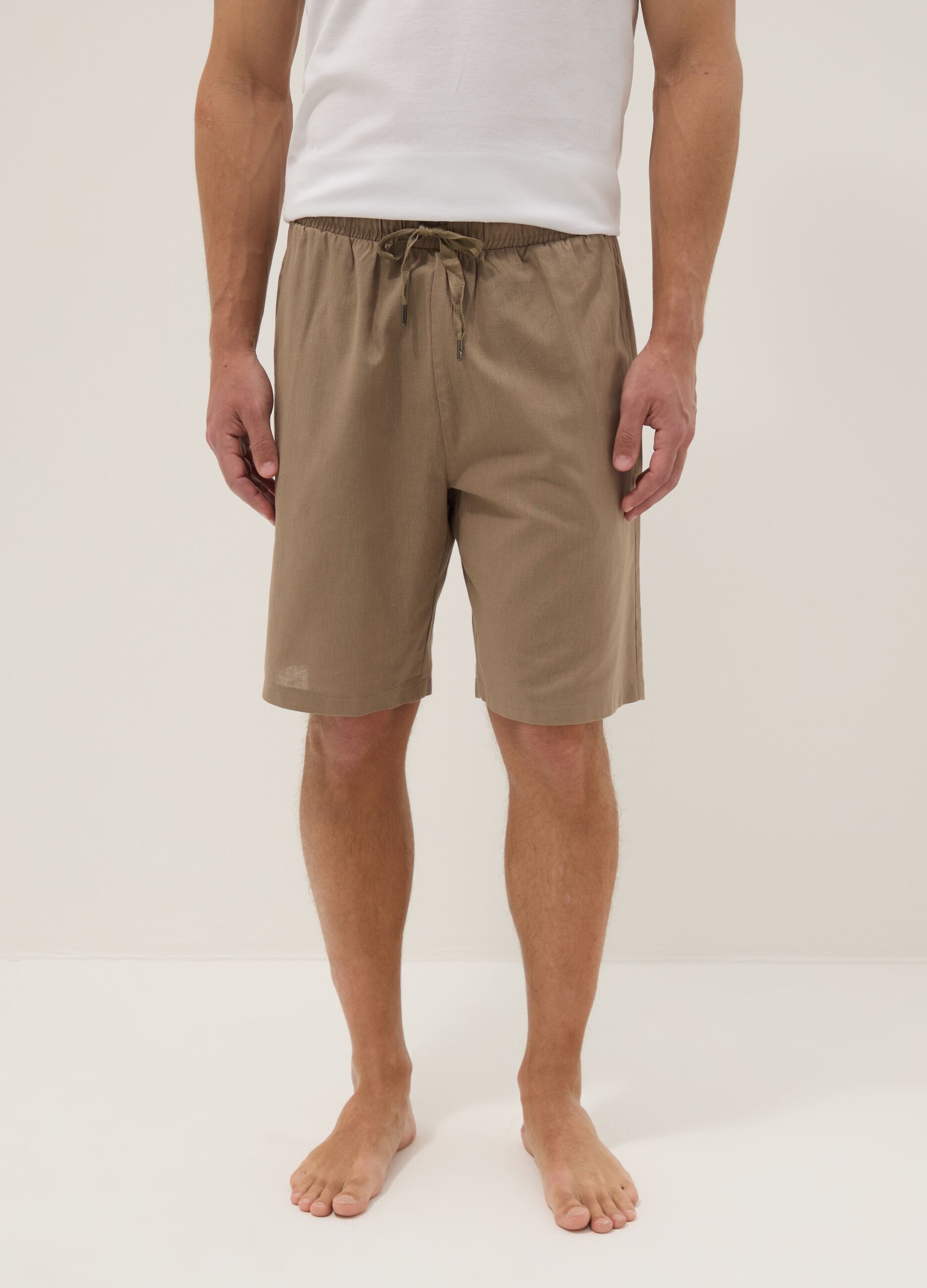 Beige cotton-linen blend pyjama shorts, regular fit