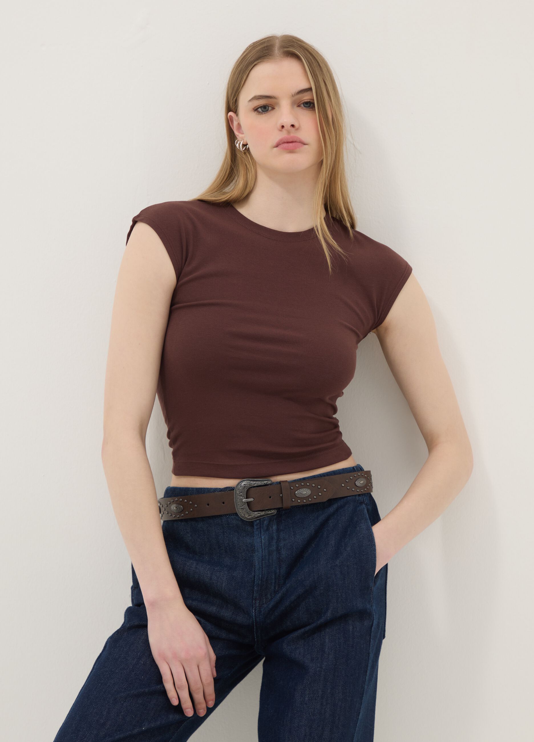 Brown Stretch Cotton Fitted Tank Top