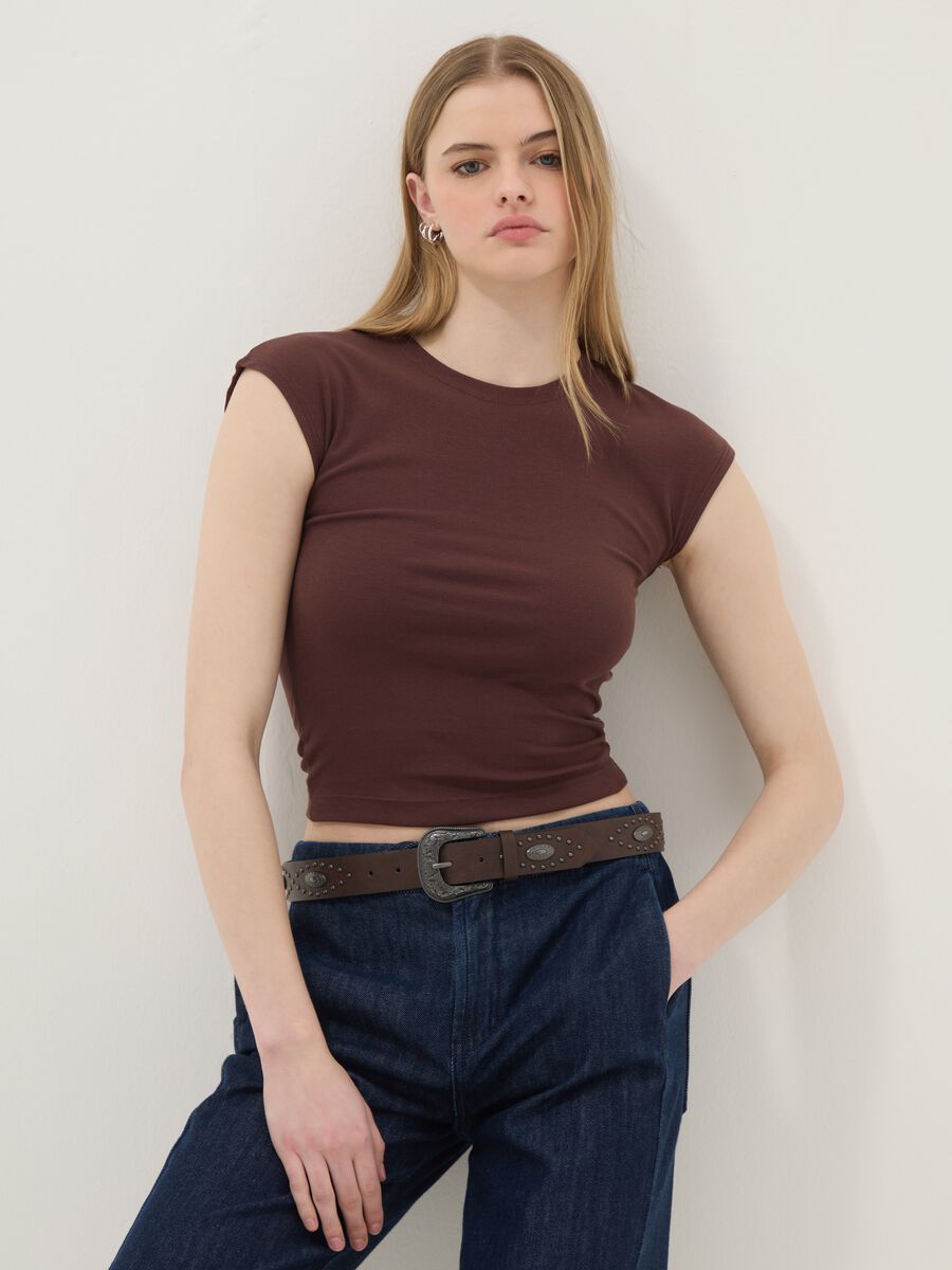 Brown Stretch Cotton Fitted Tank Top_0