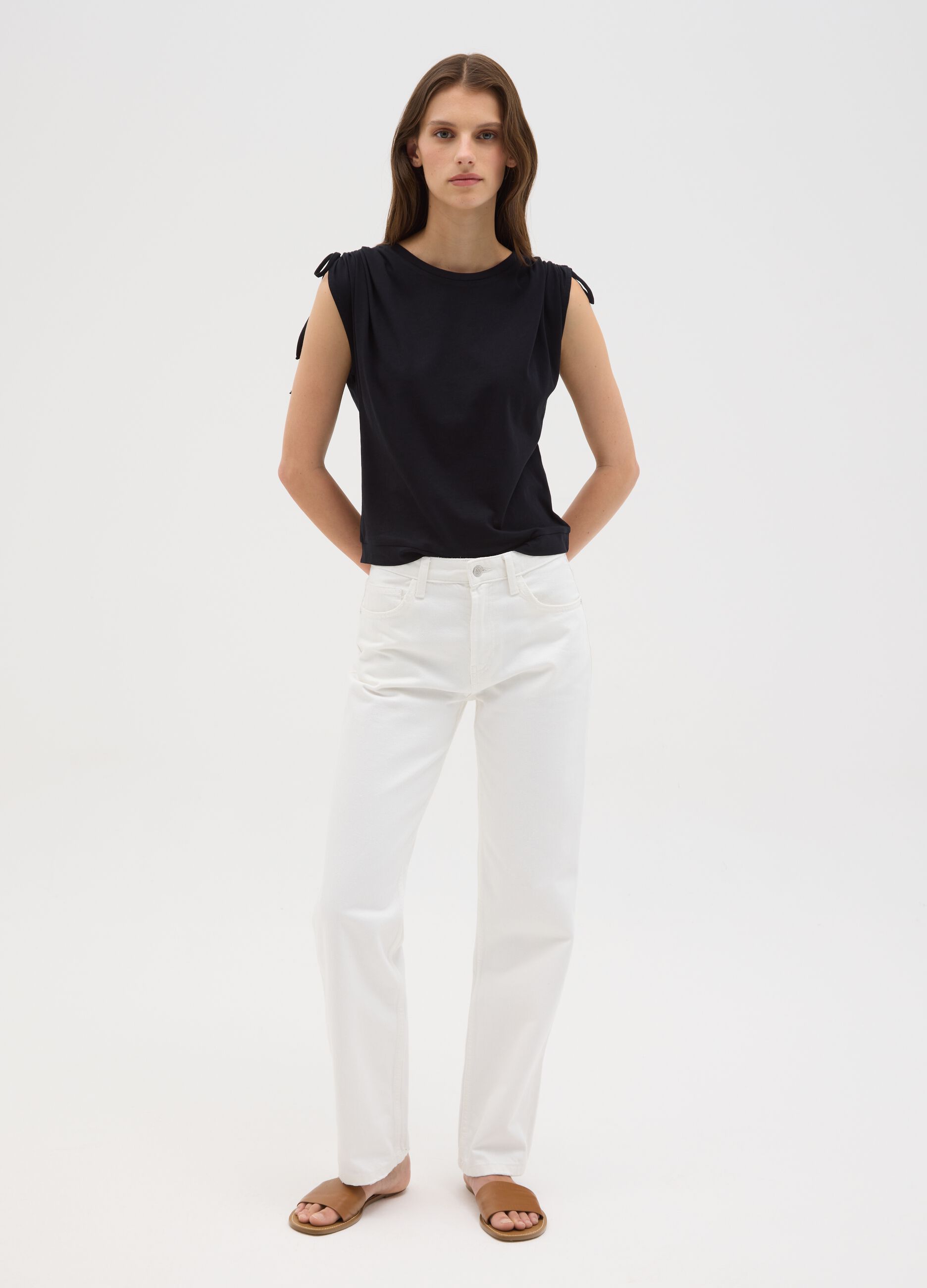 Women's black pure cotton regular fit T-shirt with drawstrings