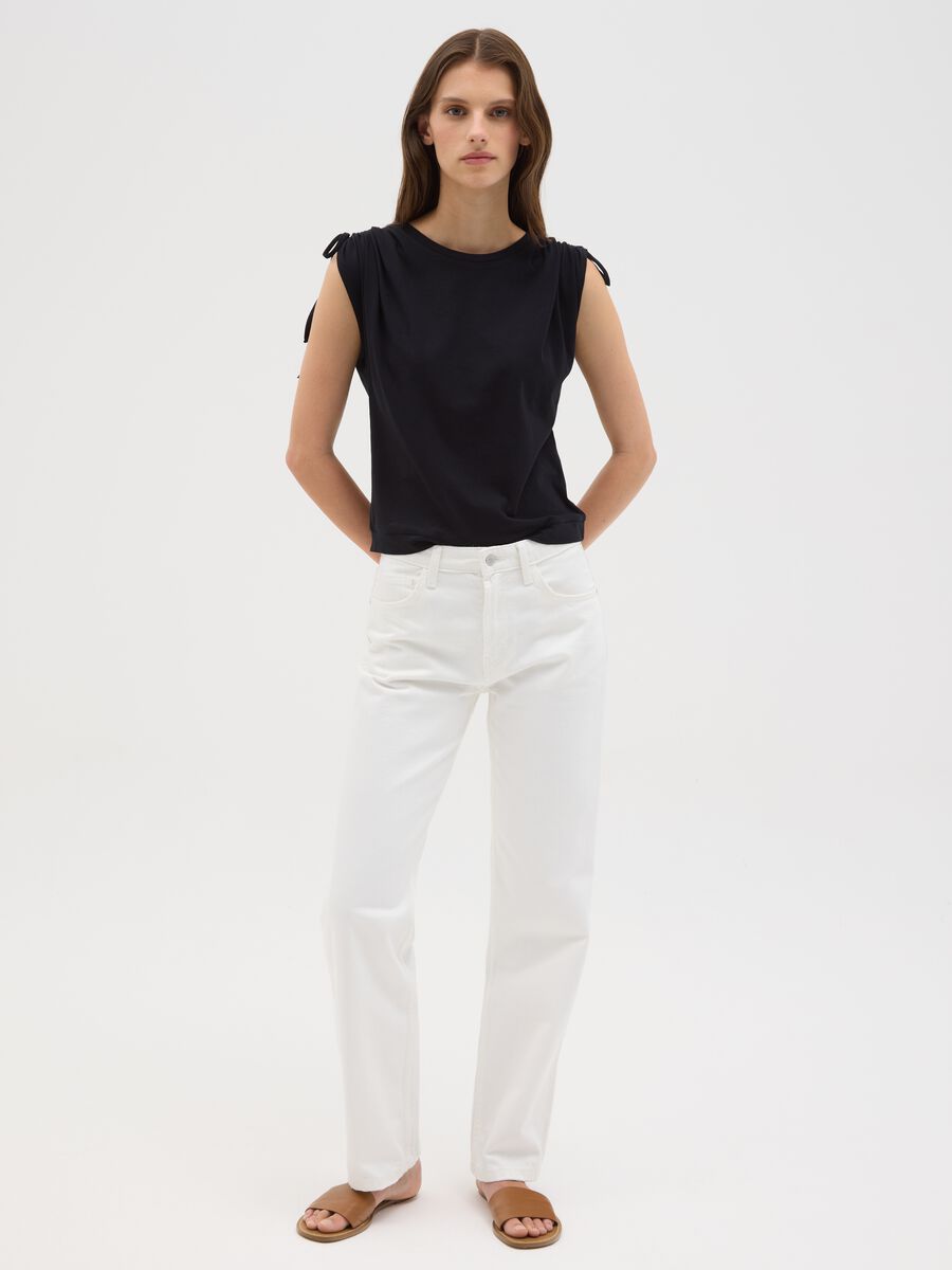 Women's black pure cotton regular fit T-shirt with drawstrings_1