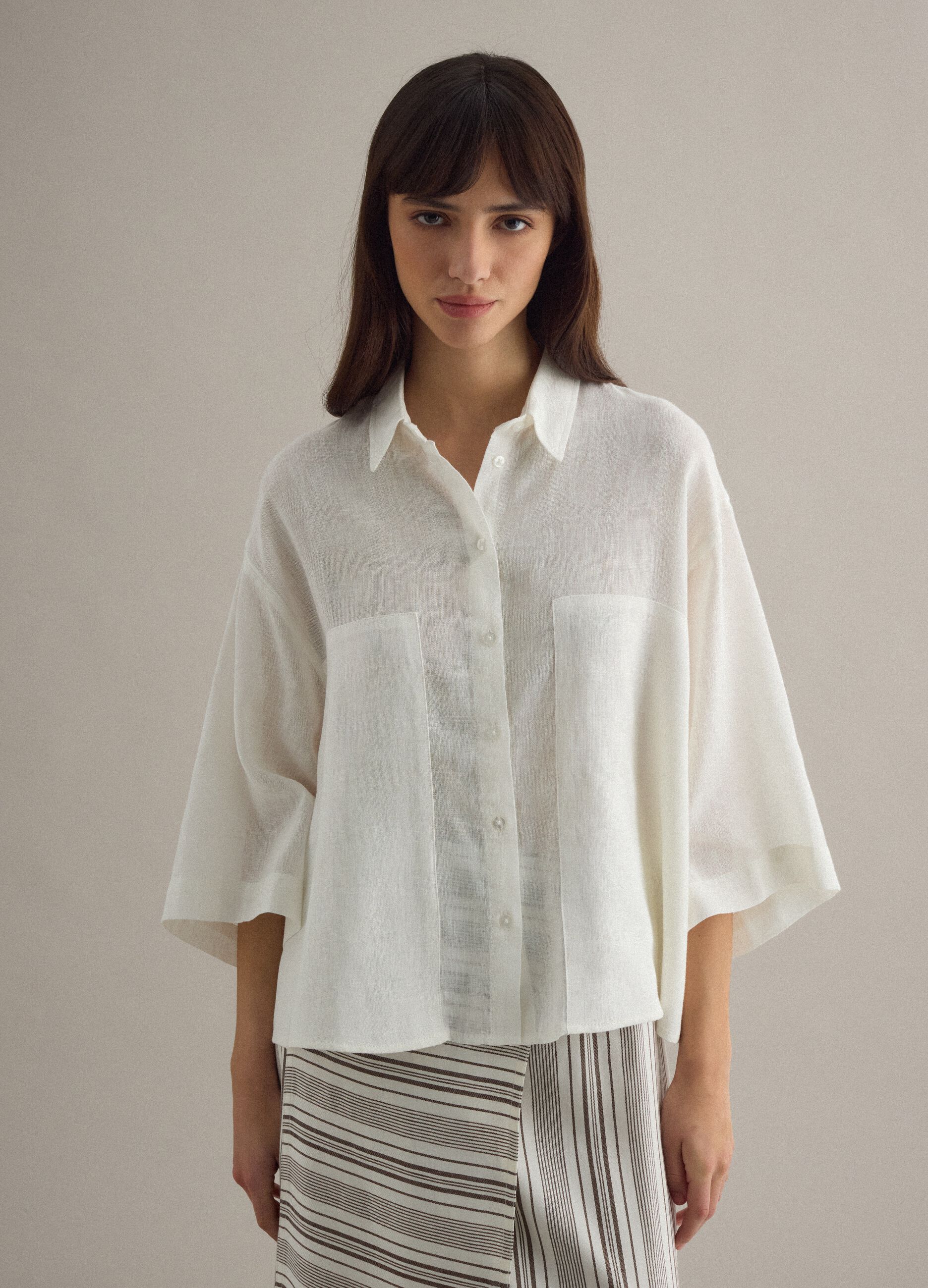 White oversized fit linen blend shirt