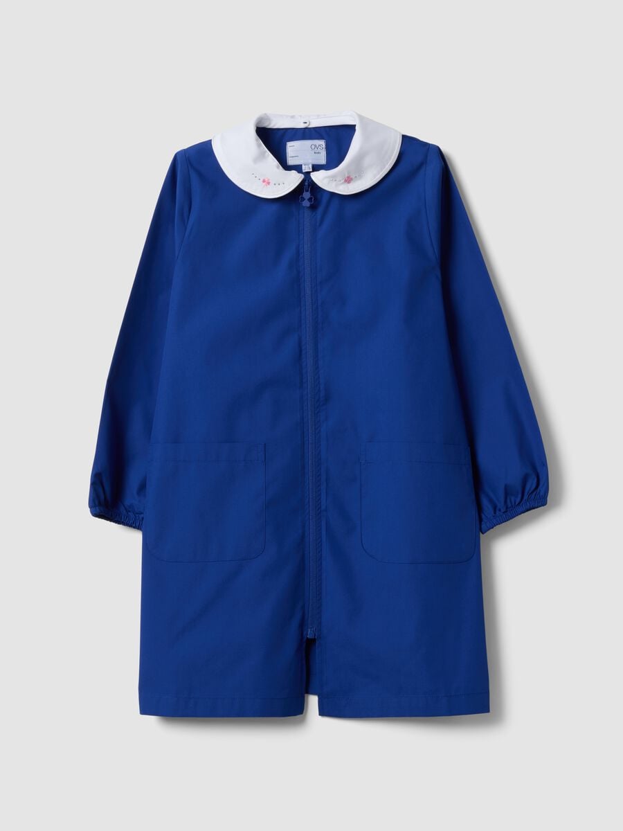 Blue girls&rsquo; school apron with rhinestone details and floral embroidery_0