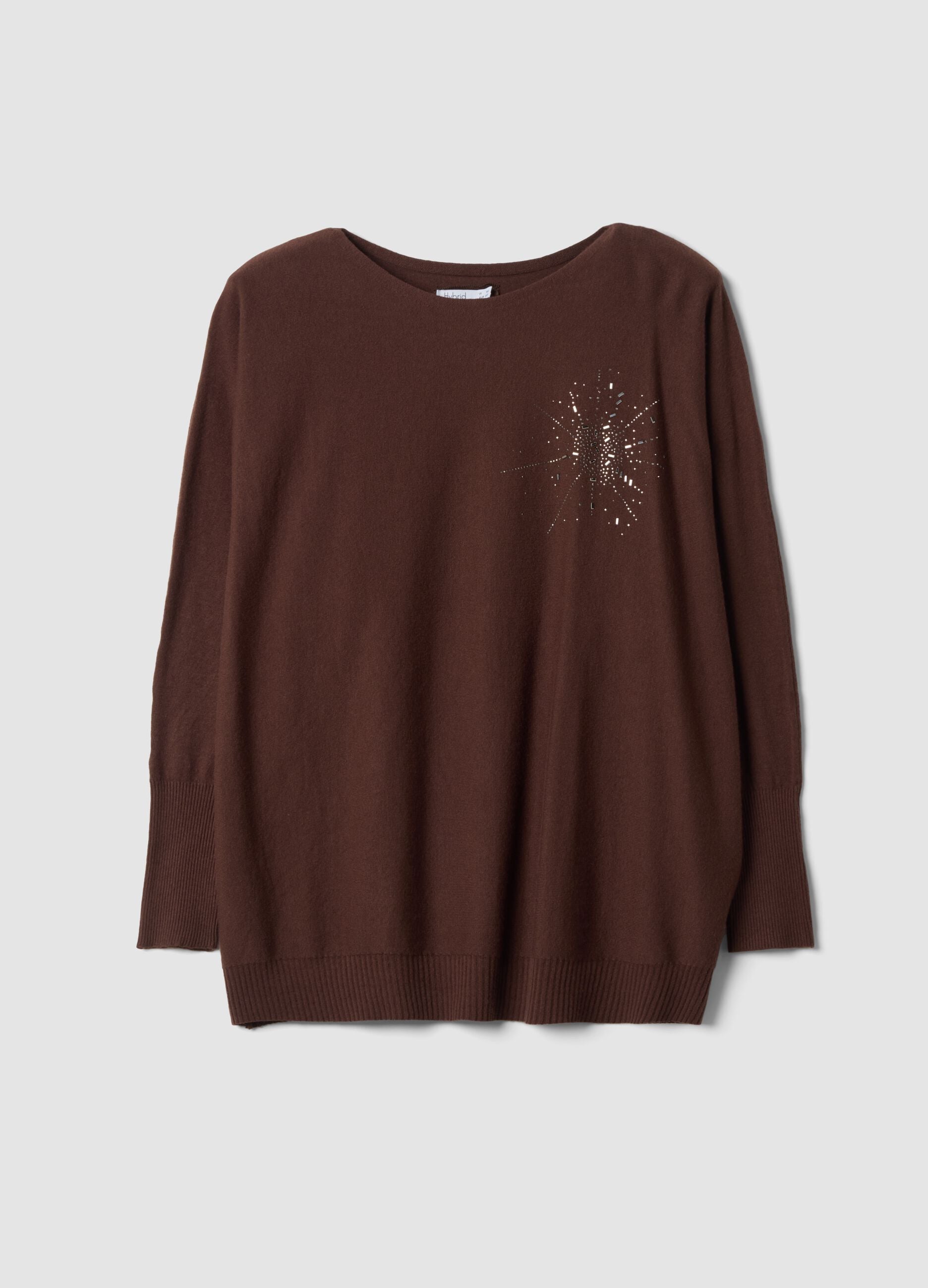 Brown viscose-blend jumper with rhinestones, regular fit