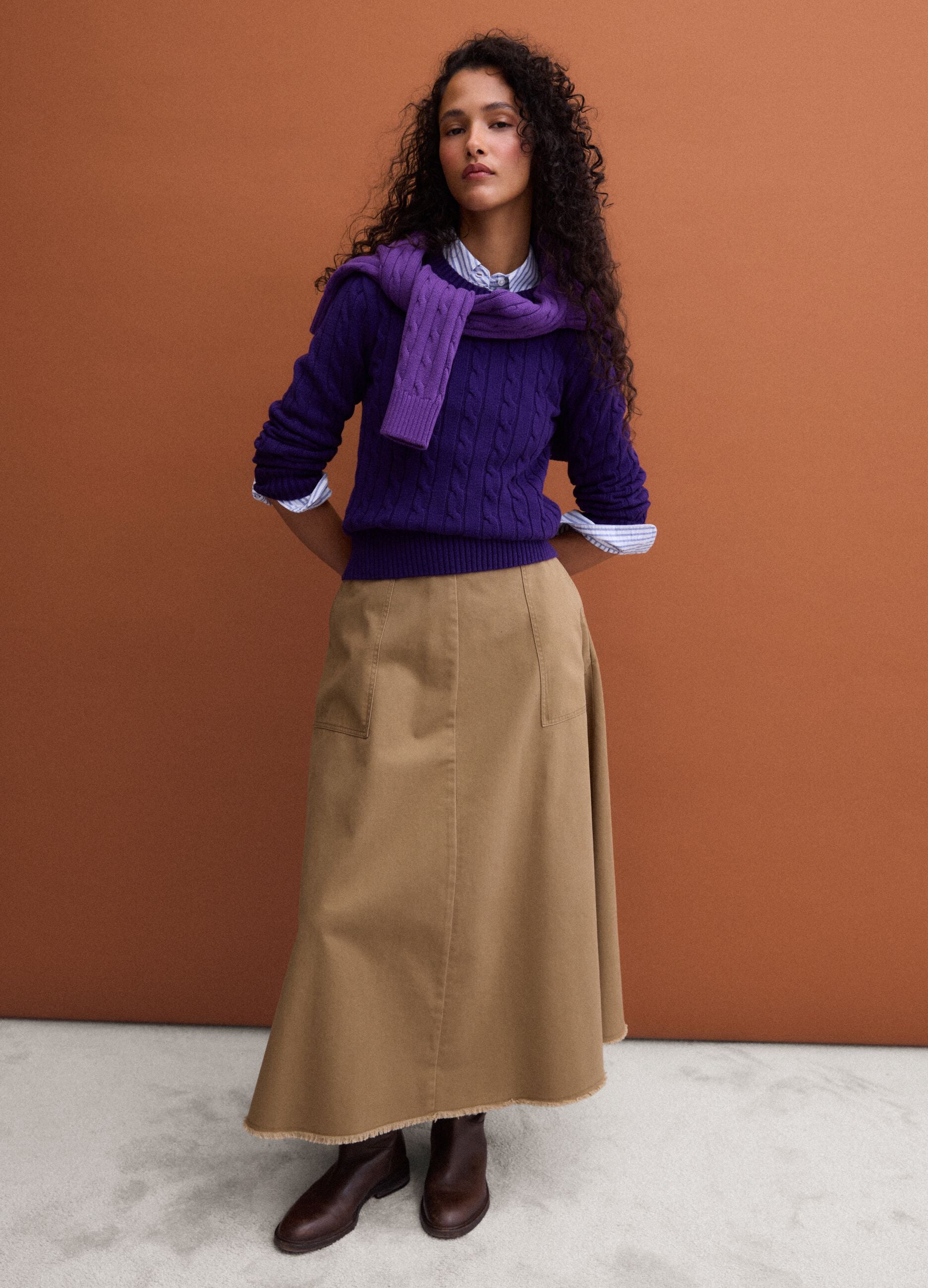 Purple pure cotton cable-knit crew-neck jumper