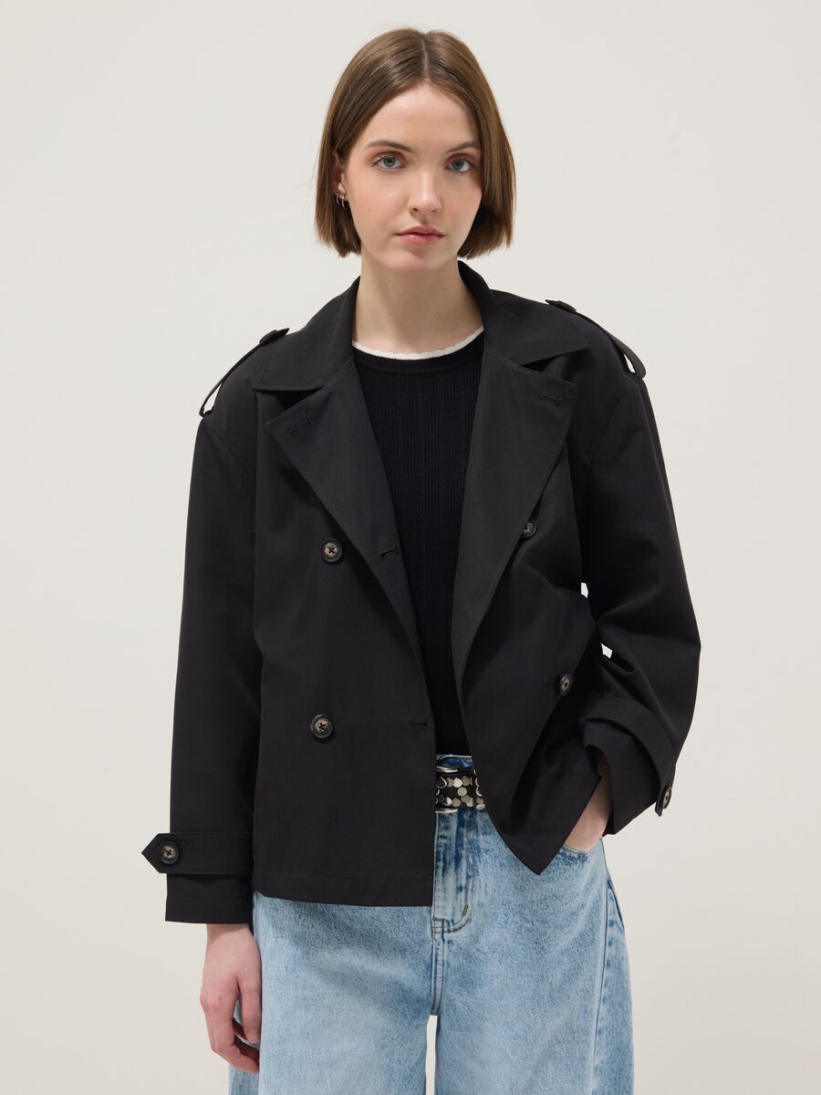 Giacca leggera doppiopetto nera regular fit con cintura_1