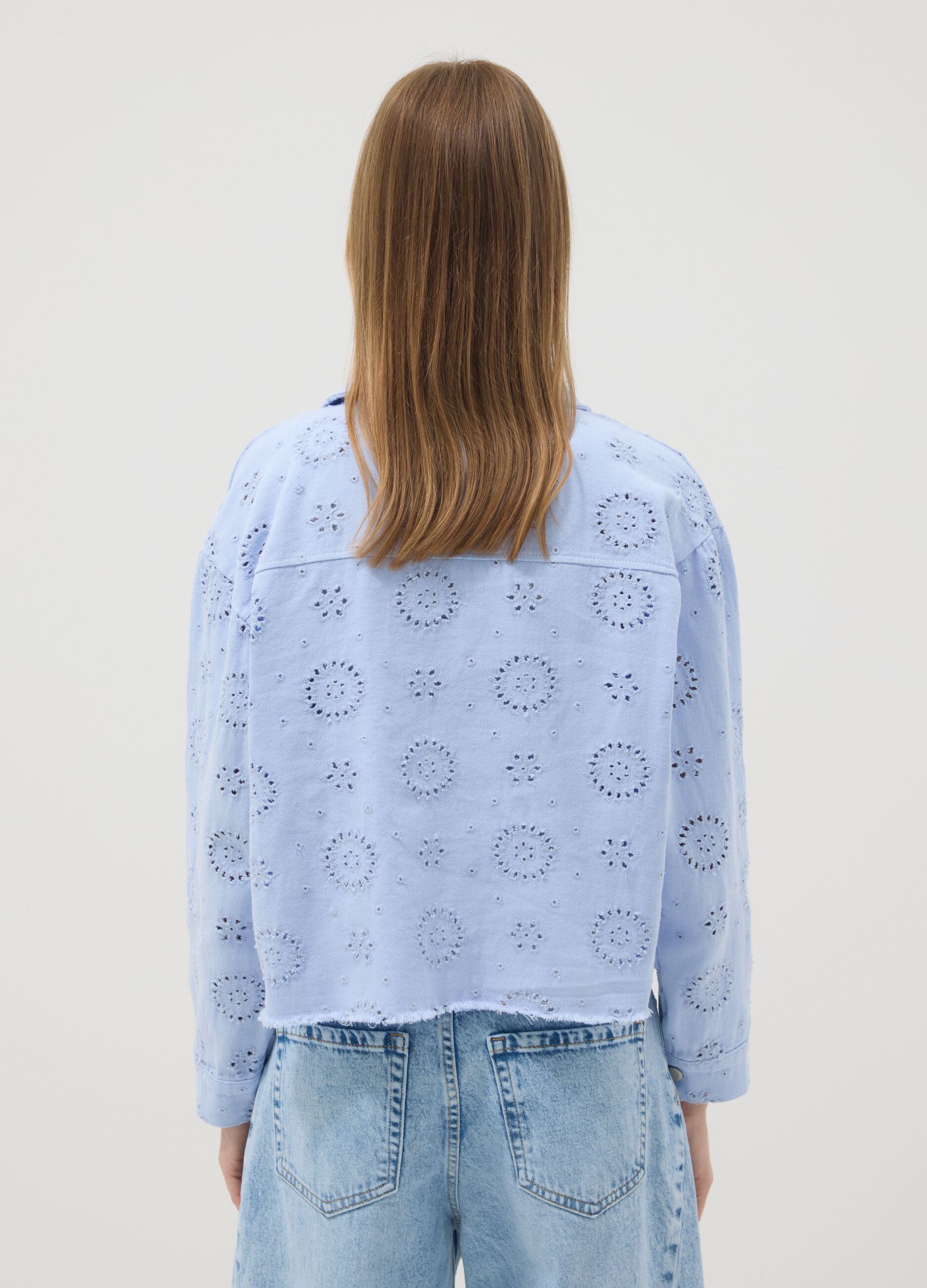 Sky-blue pure cotton broderie anglaise jacket