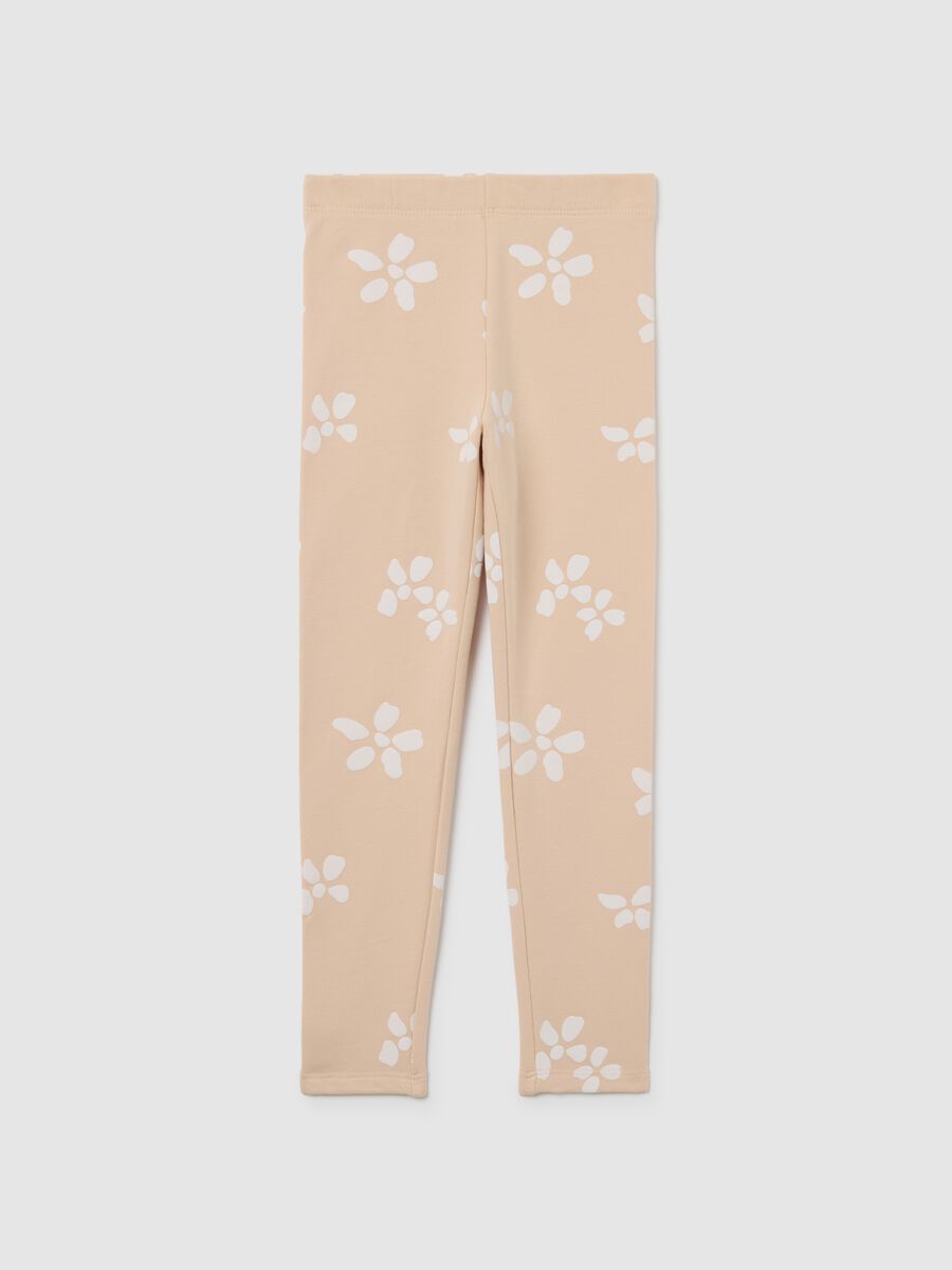 Girls' beige skinny cotton leggings with floral prints_0