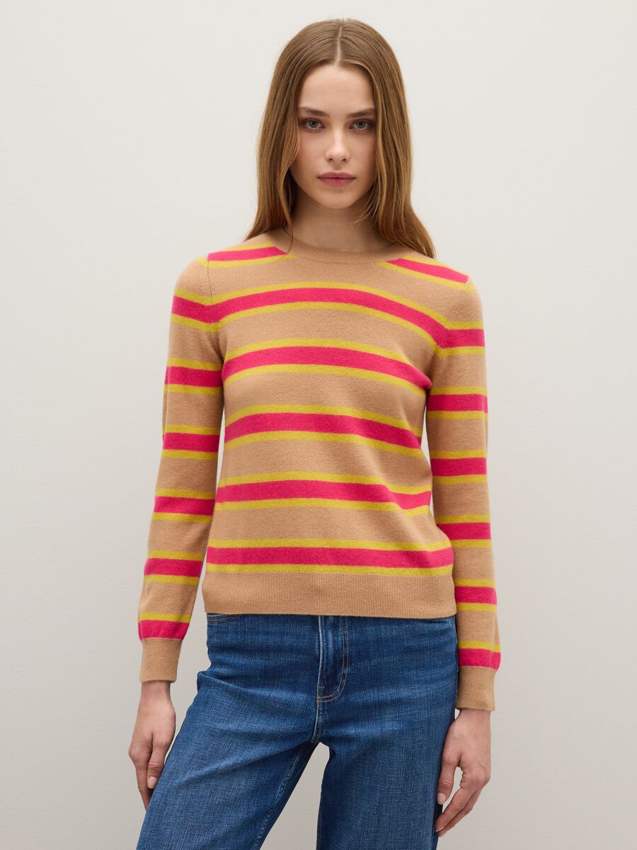 Beige and pink striped pure wool sweater regular fit_1