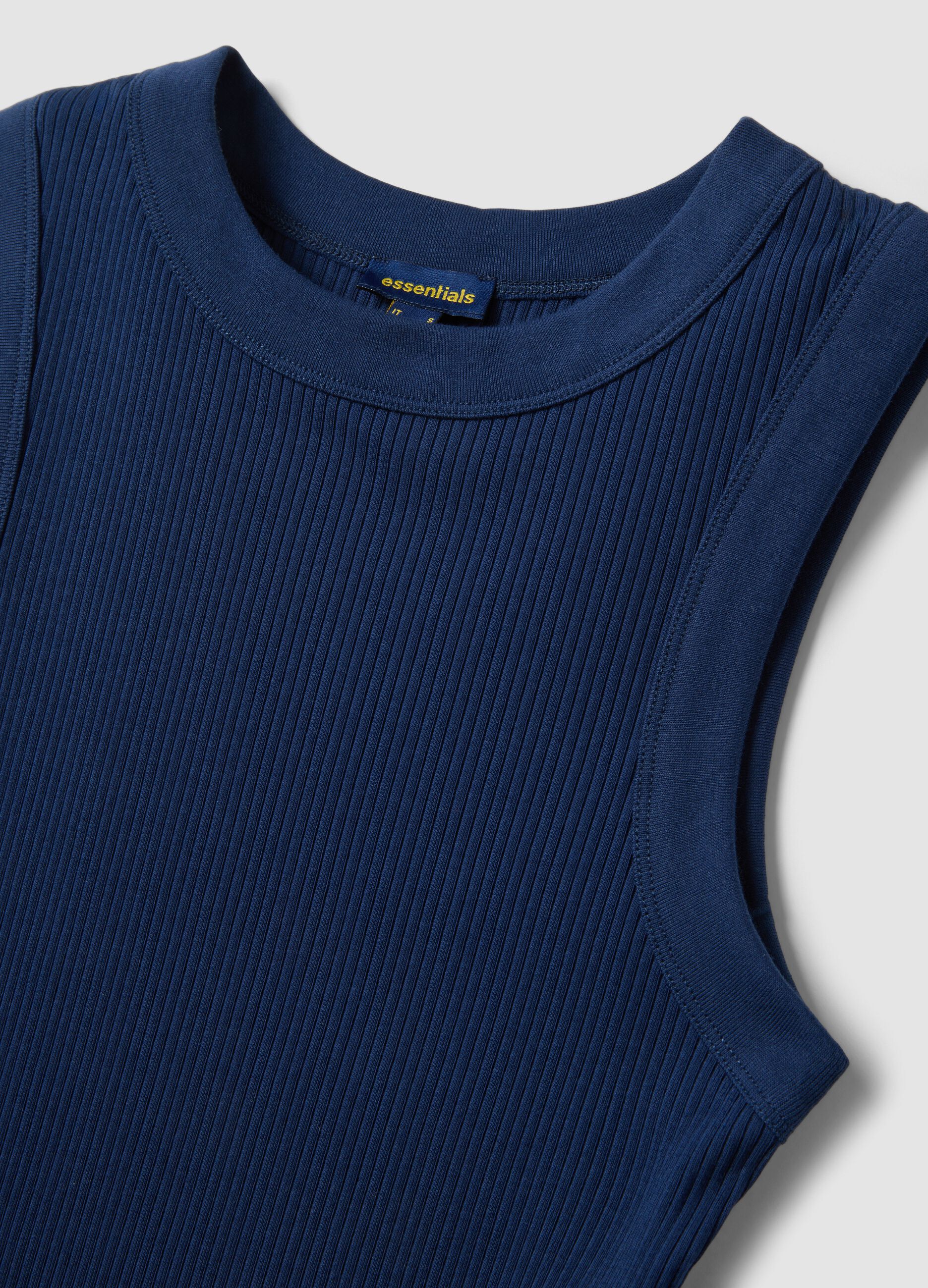 Blue fitted ribbed stretch-cotton tank top