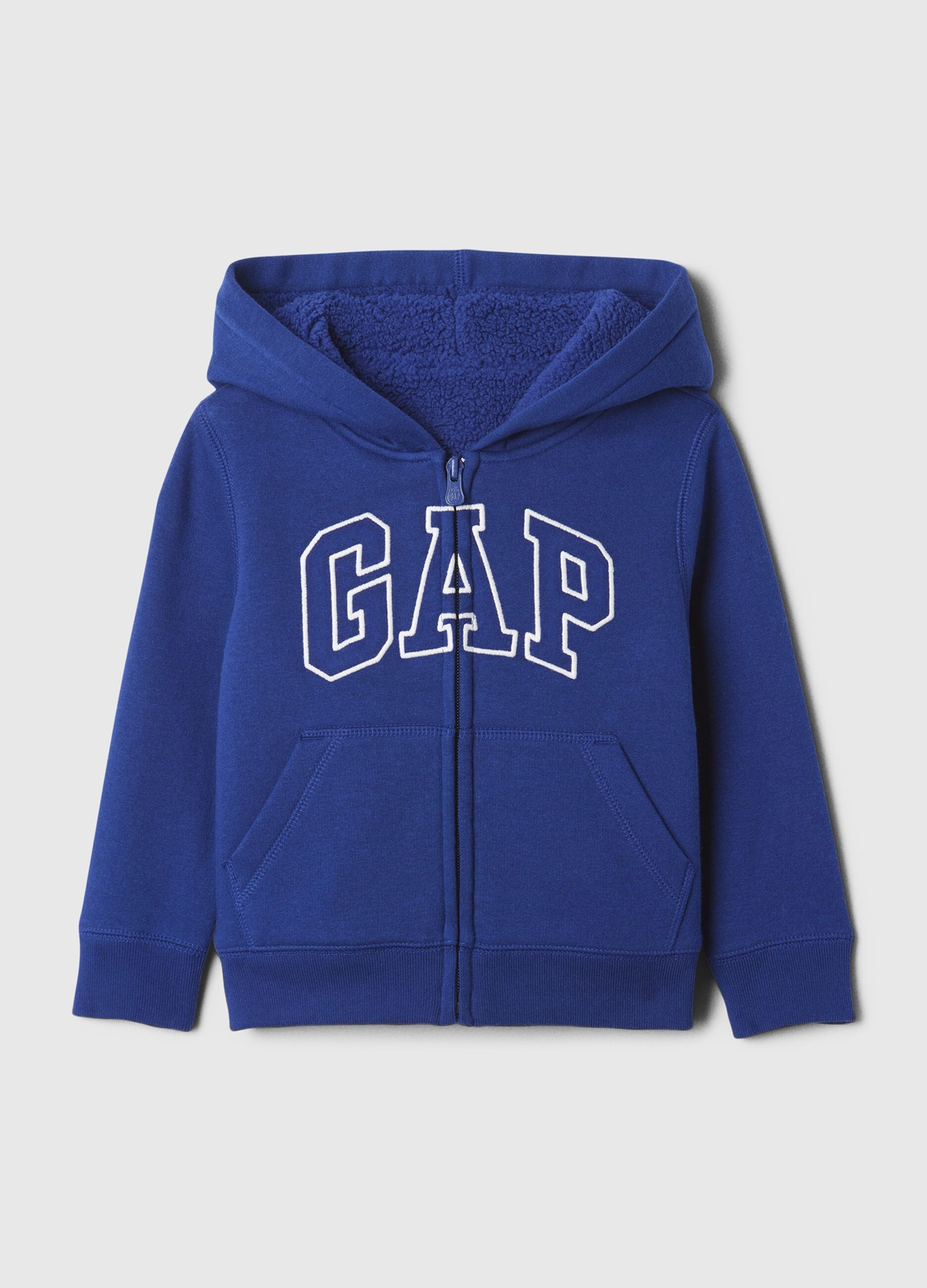Full-zip sweatshirt and hood with sherpa lining