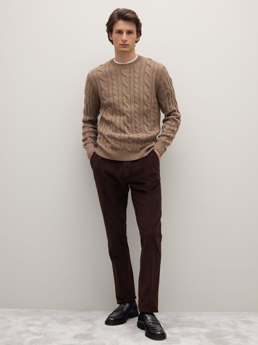 Brown regular fit crew neck jumper with cable knit_2
