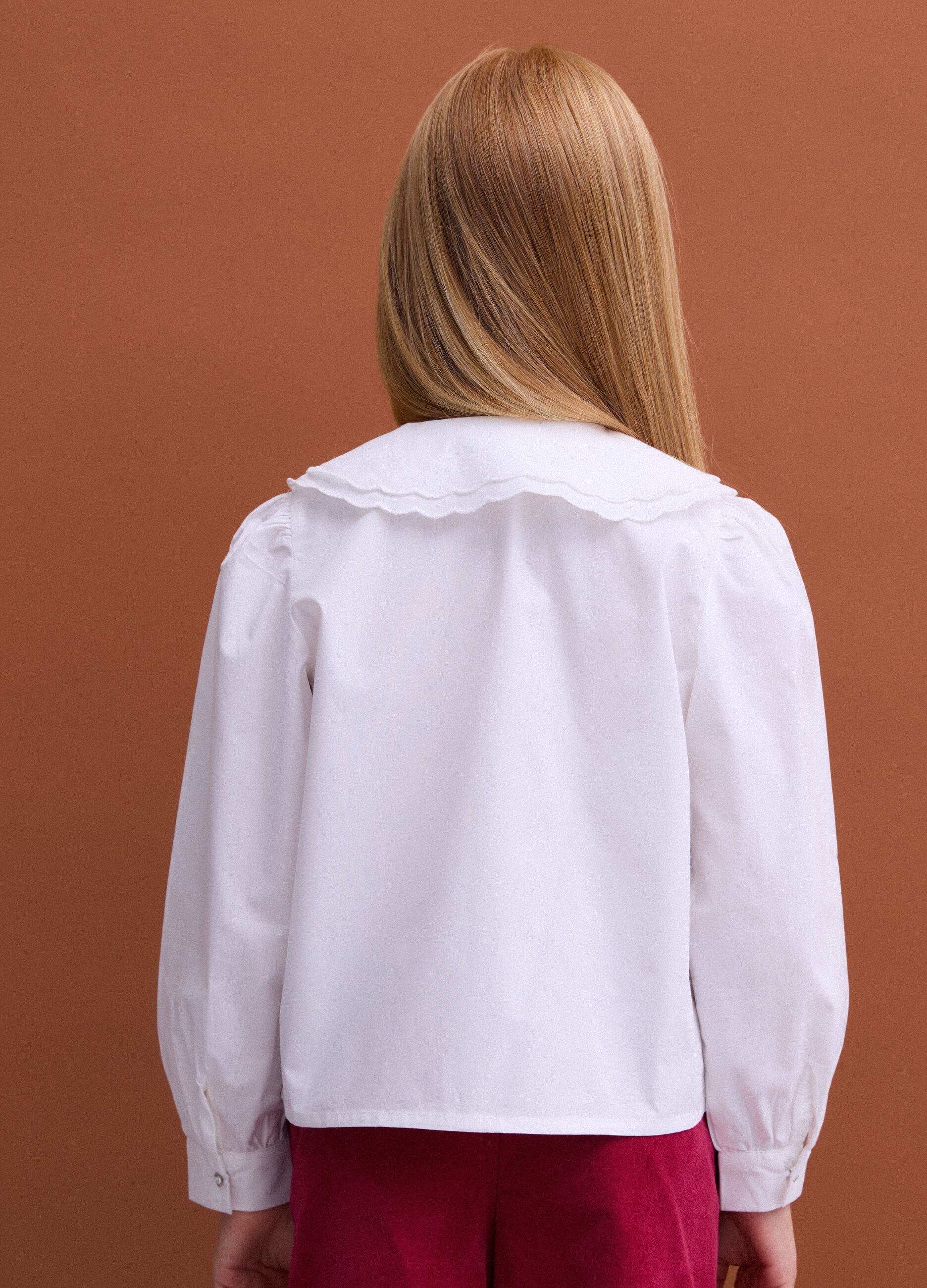 White pure cotton poplin shirt with embroidered wide collar, regular fit
