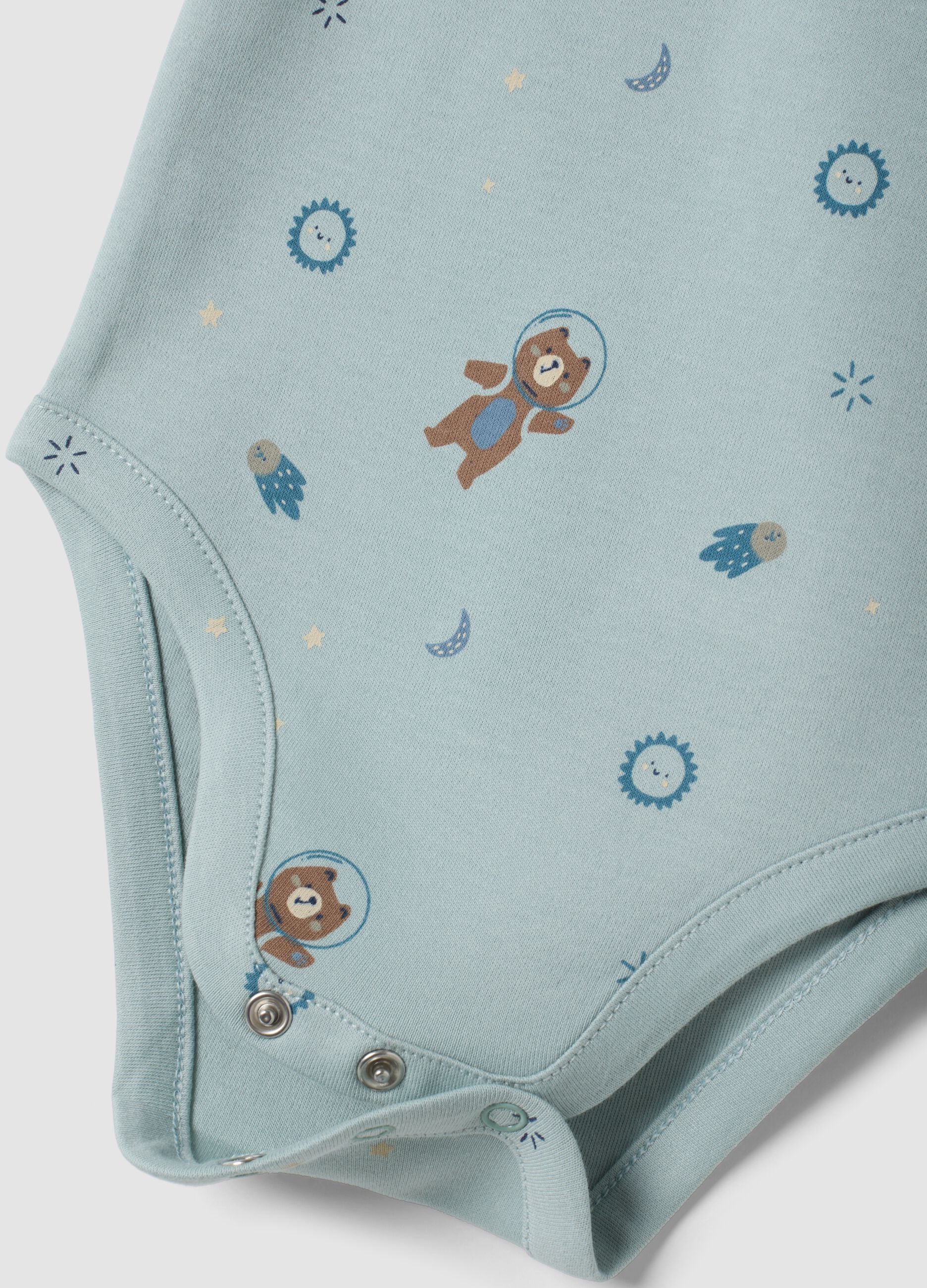3-pack organic cotton baby bodysuits in aqua blue, navy and ivory, crew neck