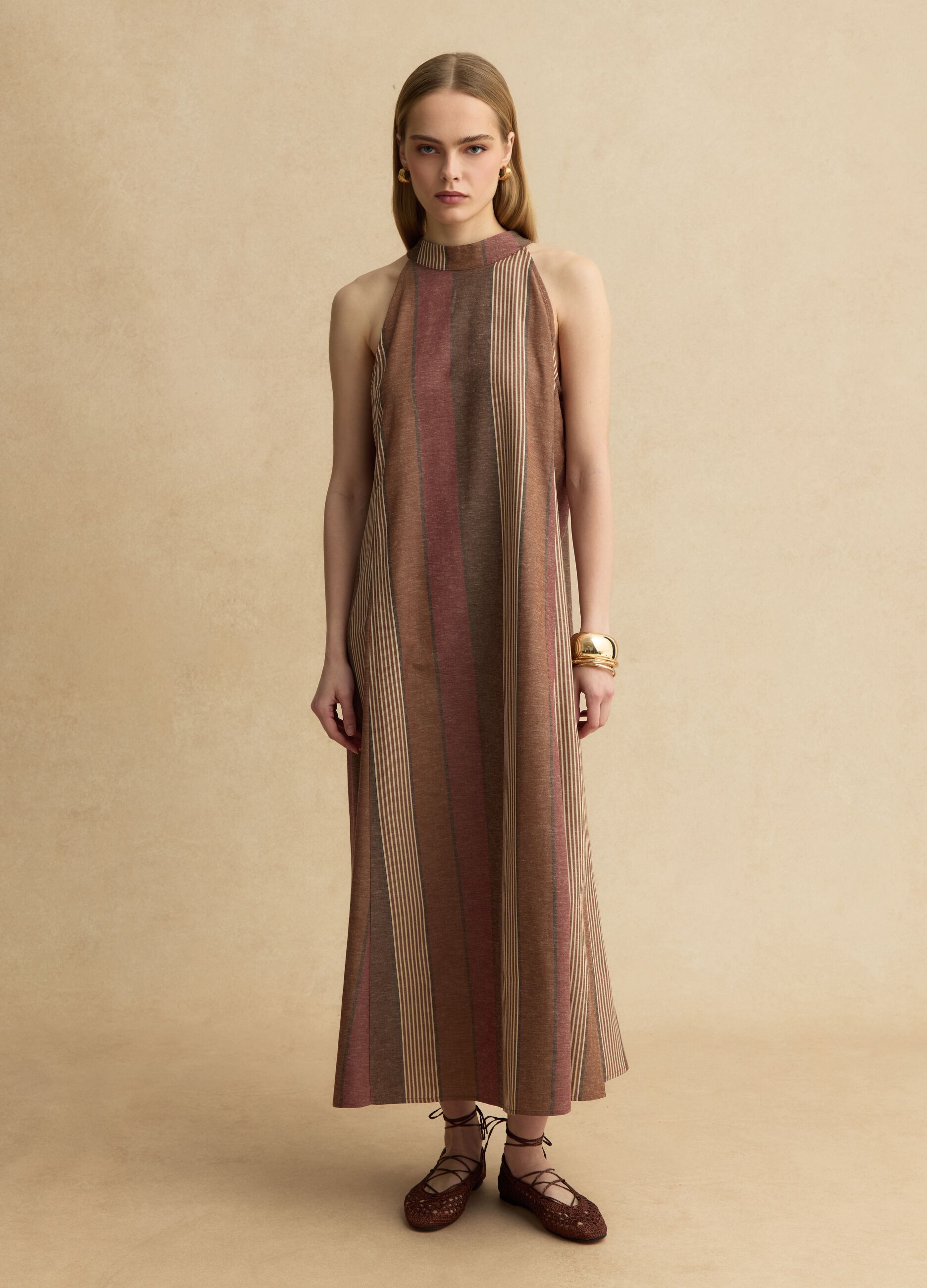 Multicoloured striped viscose and linen blend dress with relaxed fit