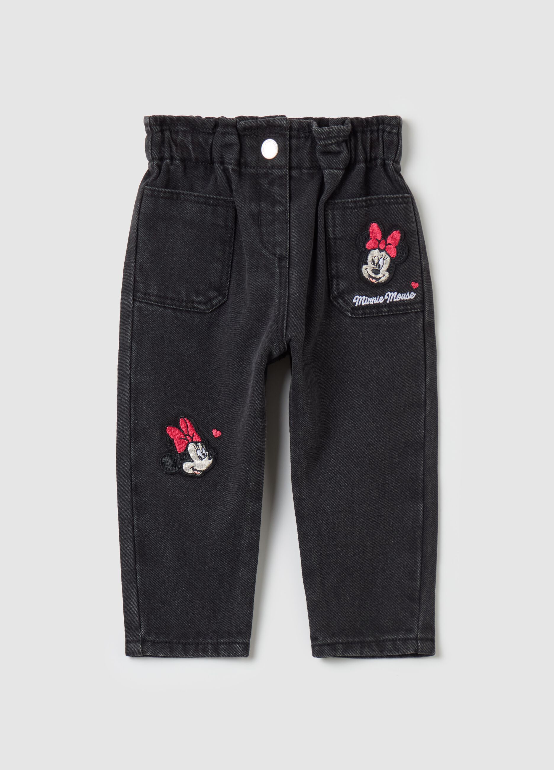 Paper bag jeans with Minnie Mouse patch