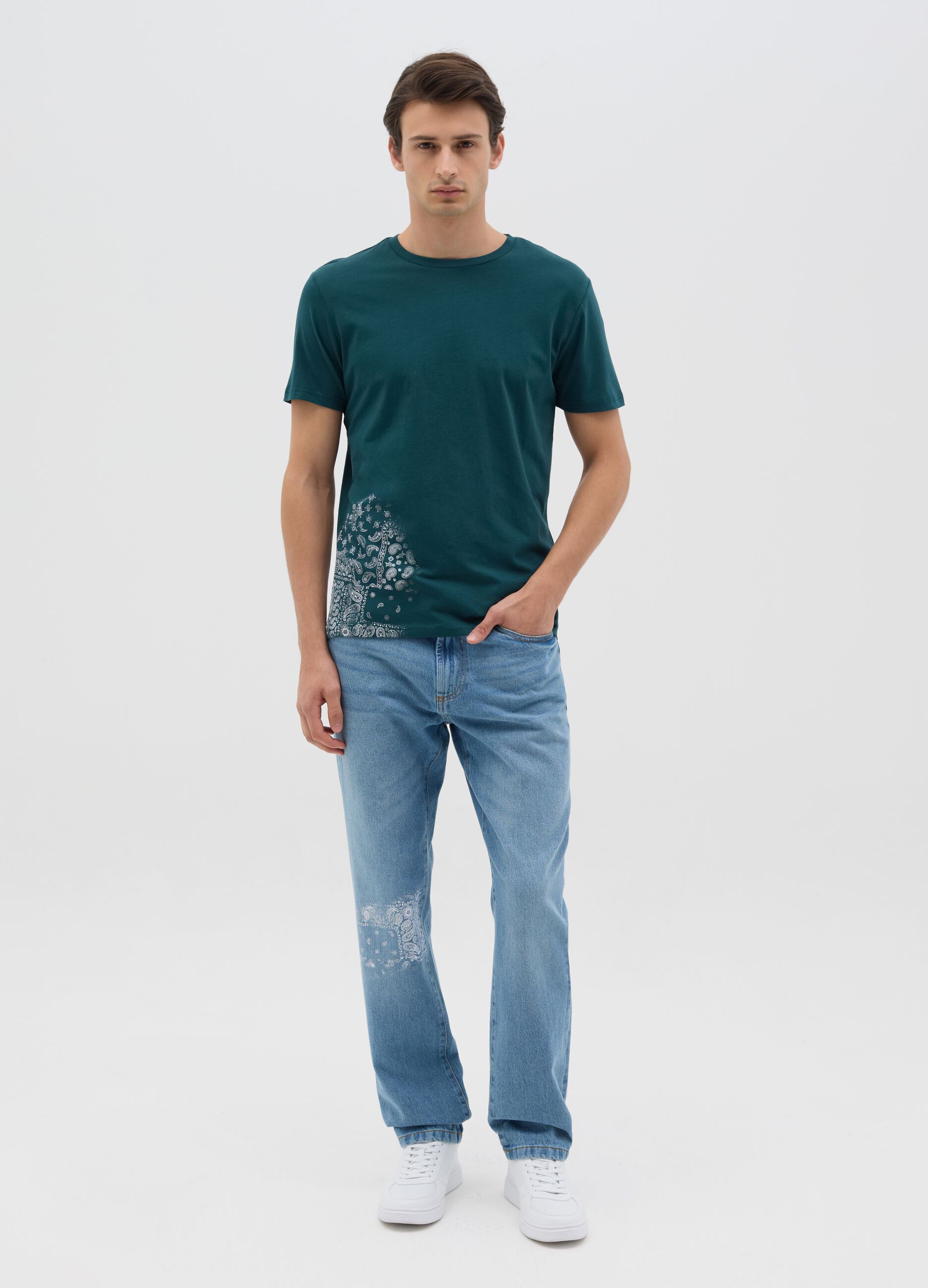 T-shirt verde in cotone con scollo rotondo RE-UP