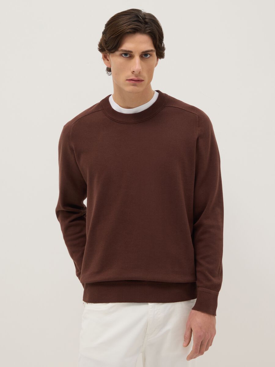 Brown pure cotton crew neck jumper regular fit_0