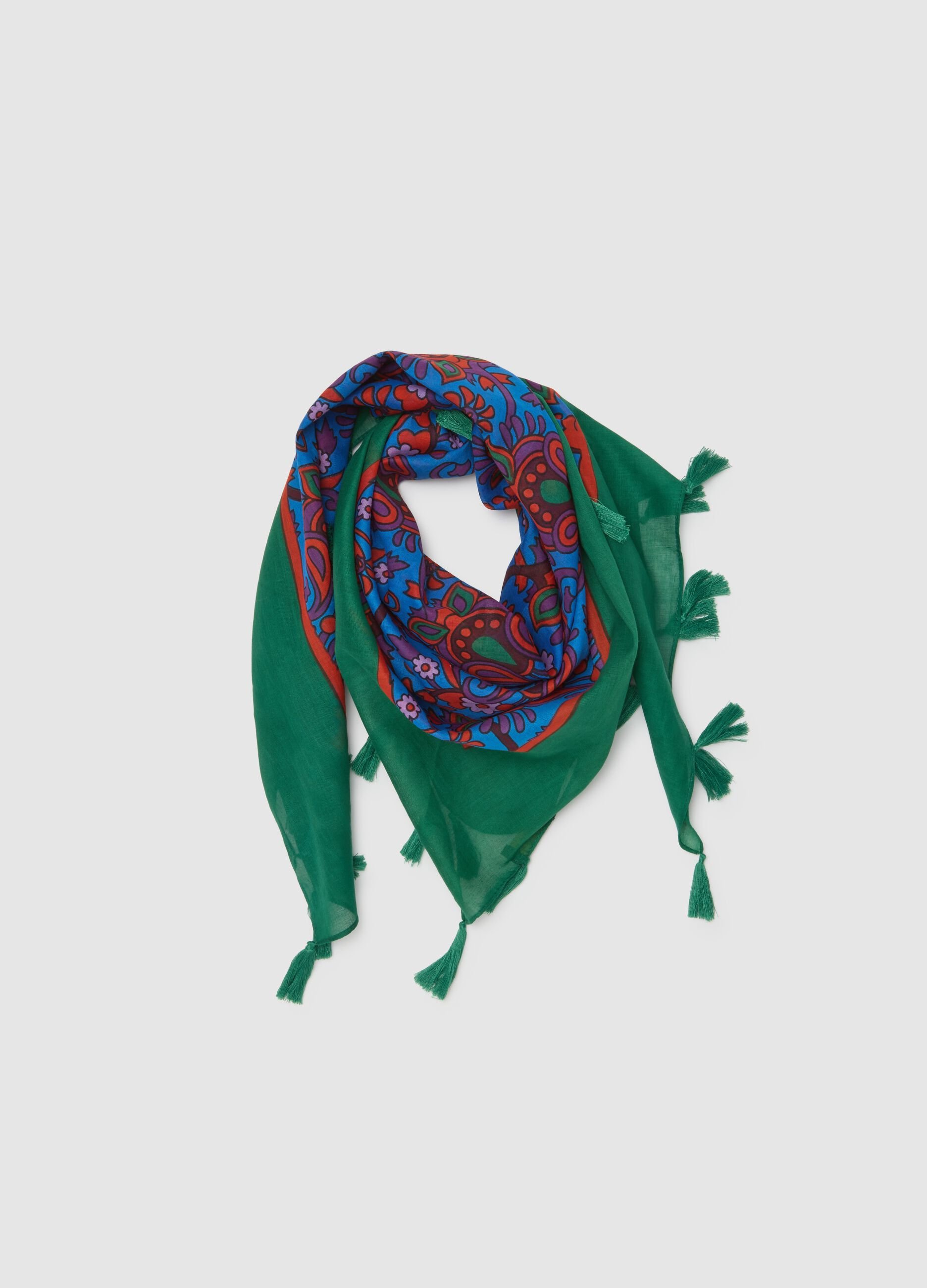 Foulard in puro cotone multicolor con frange
