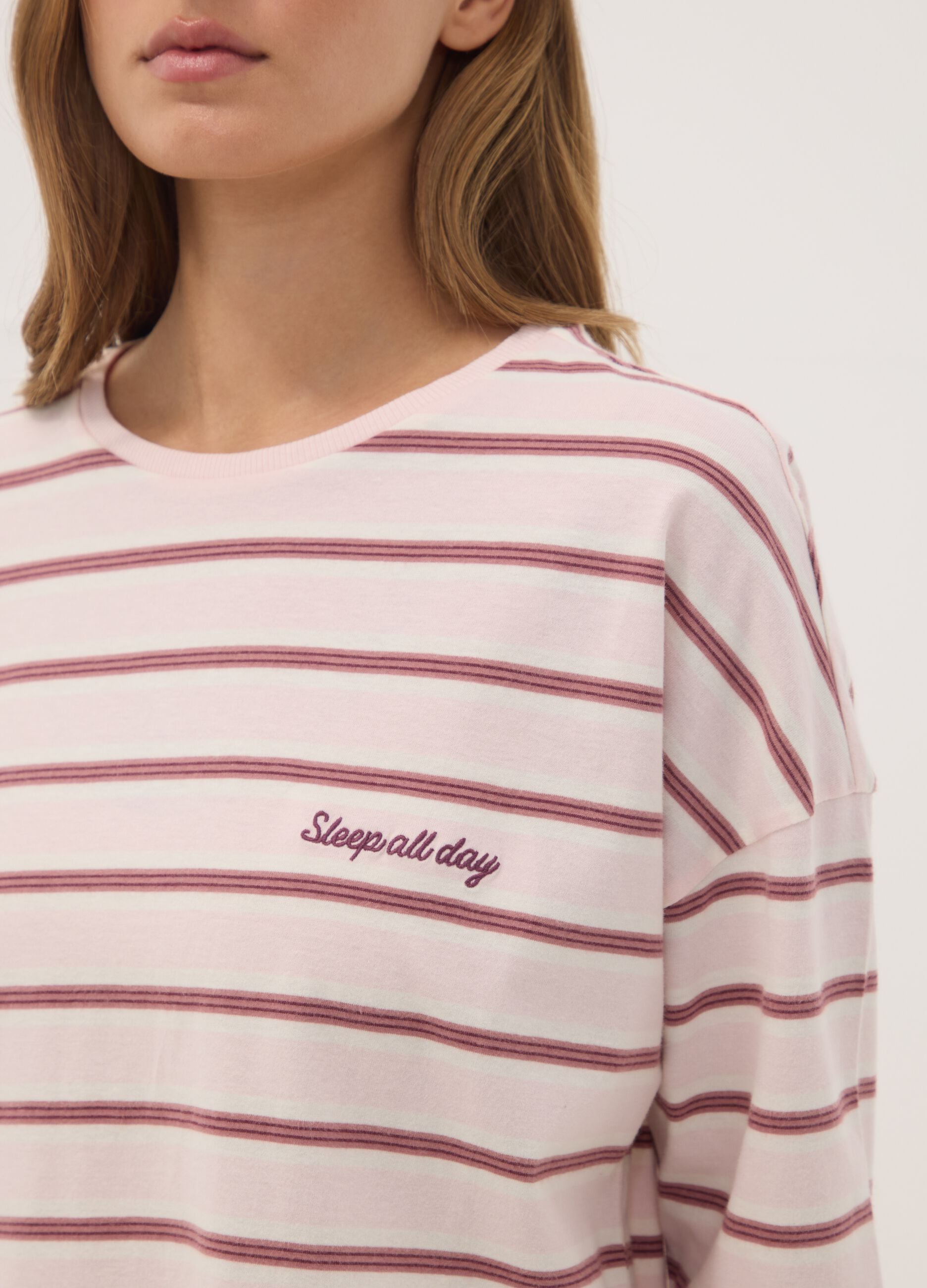 Pink pure organic cotton striped crew-neck pyjamas