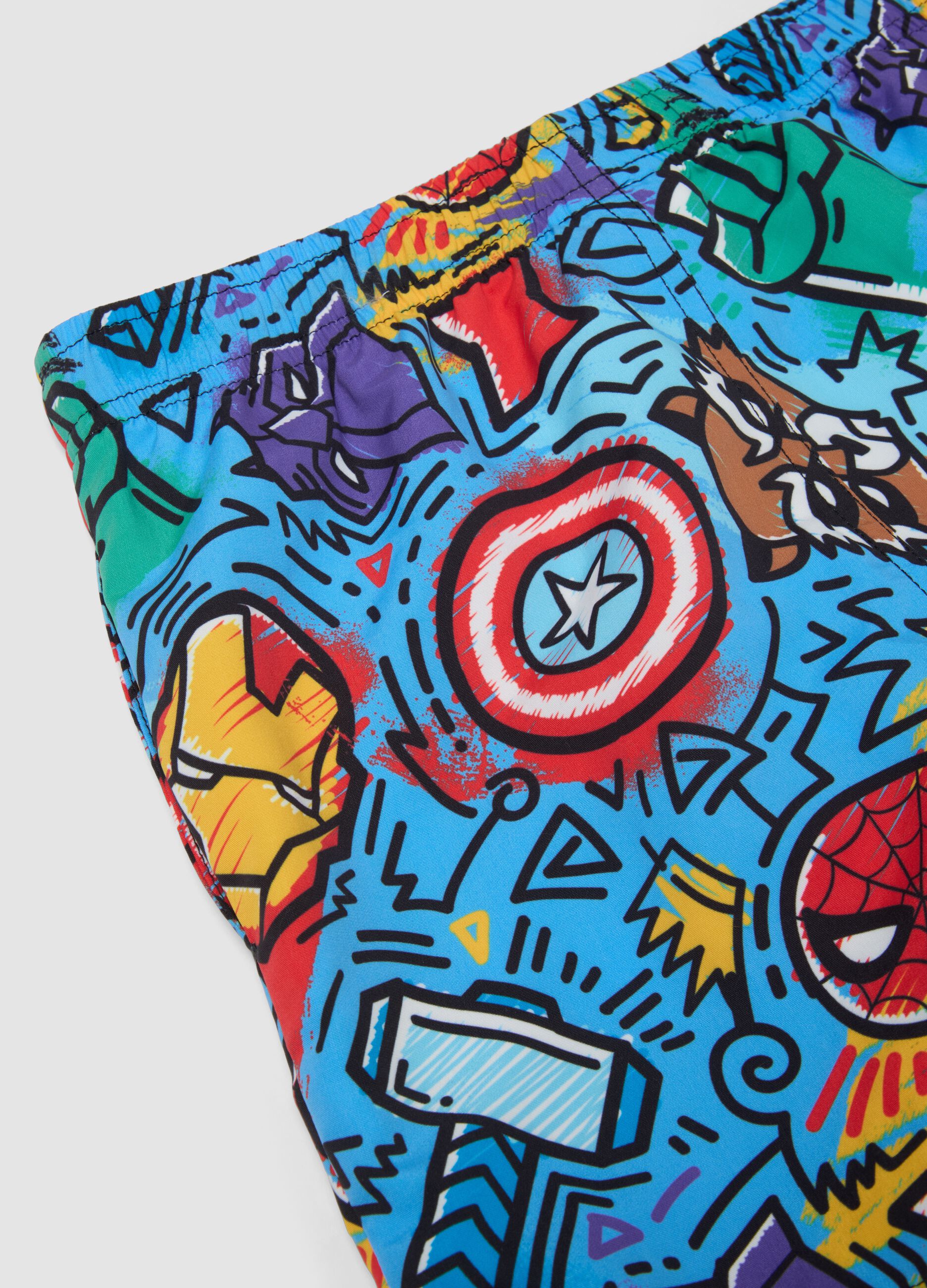 Blue Avengers print swim shorts