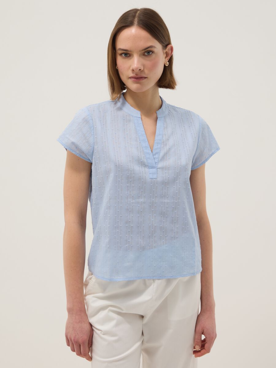 Light blue pure cotton regular fit deep V shirt with transparency_0