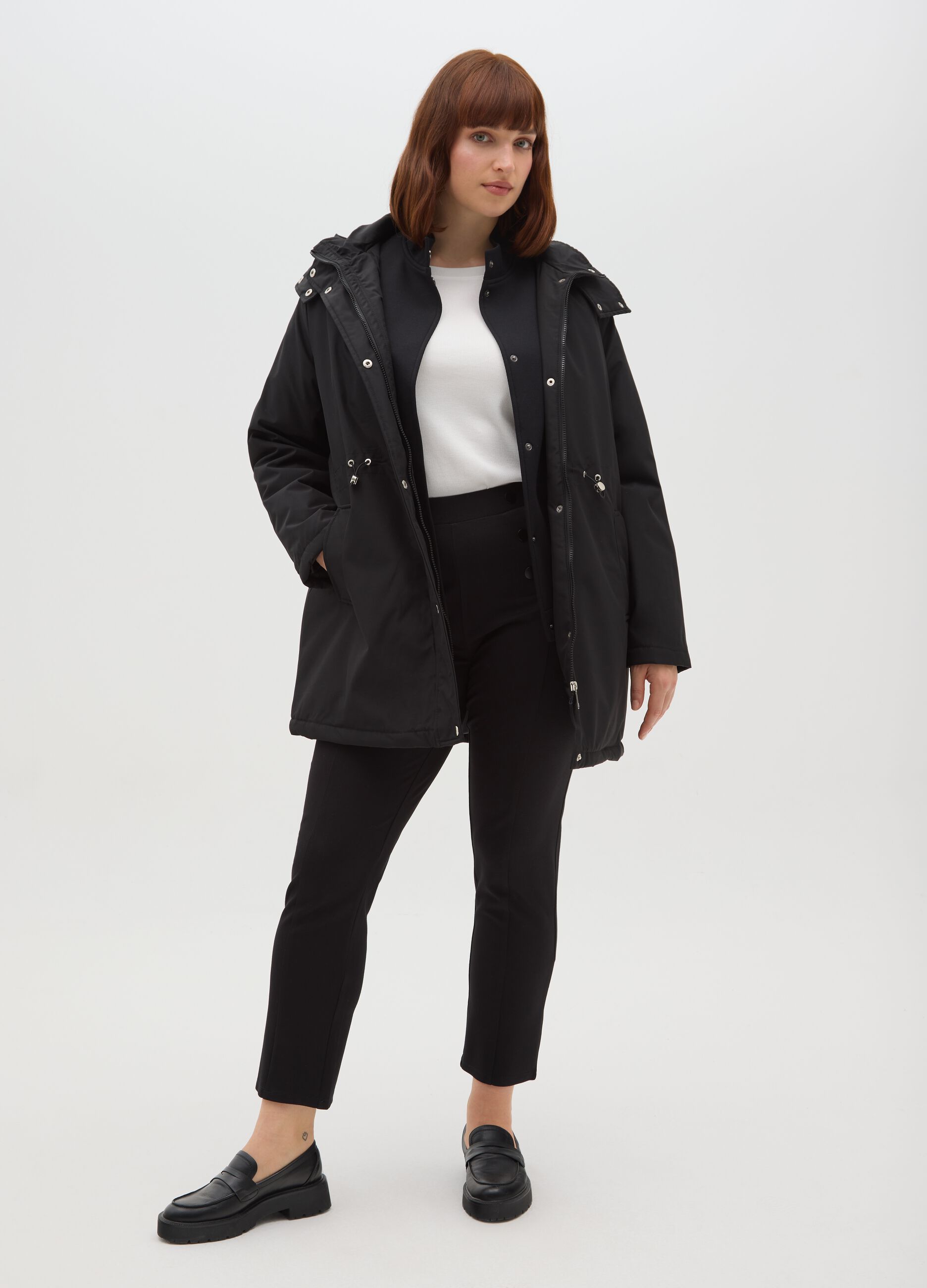 Black padded long jacket, regular fit with hood and zip