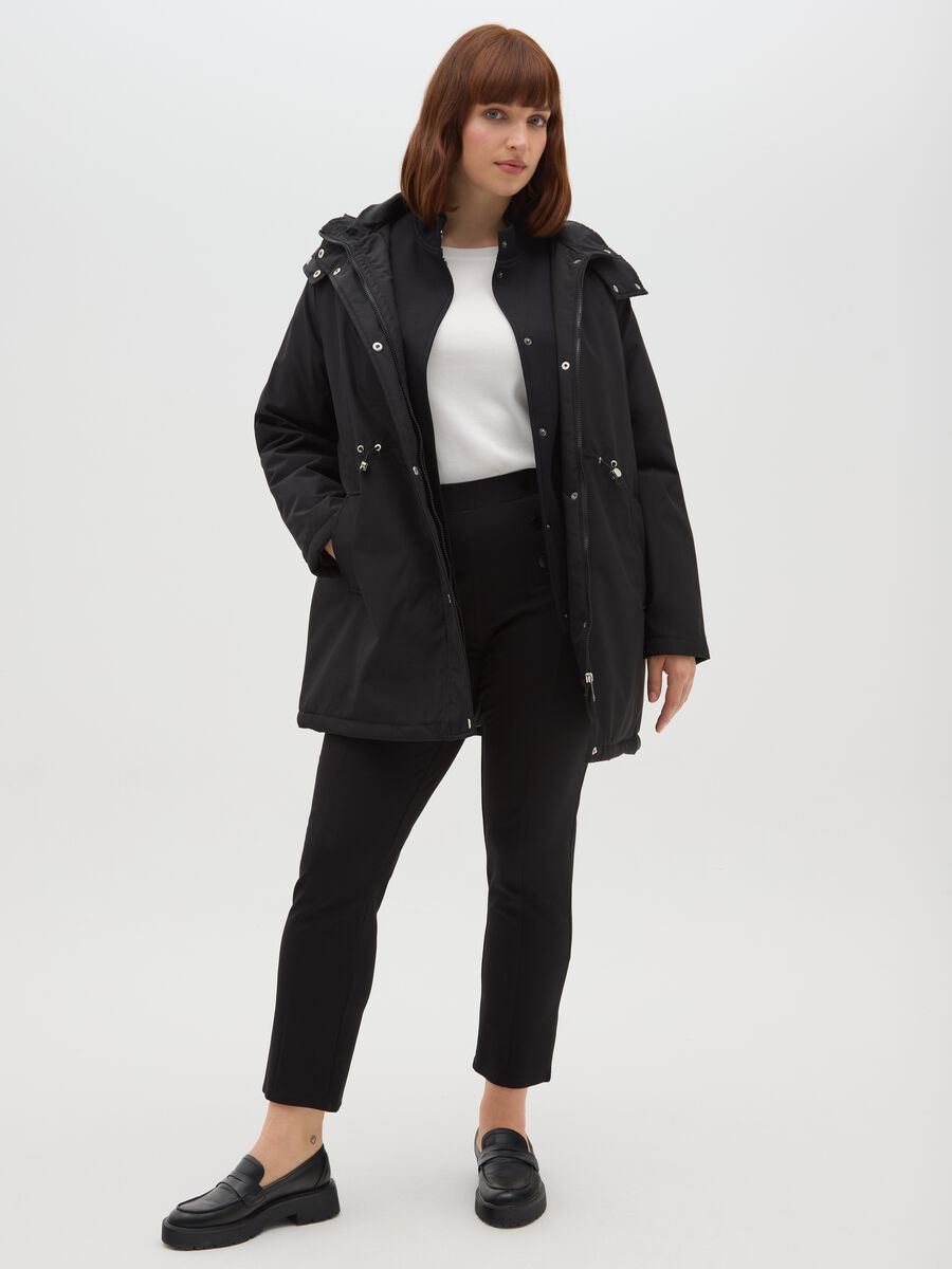 Black padded long jacket, regular fit with hood and zip_1