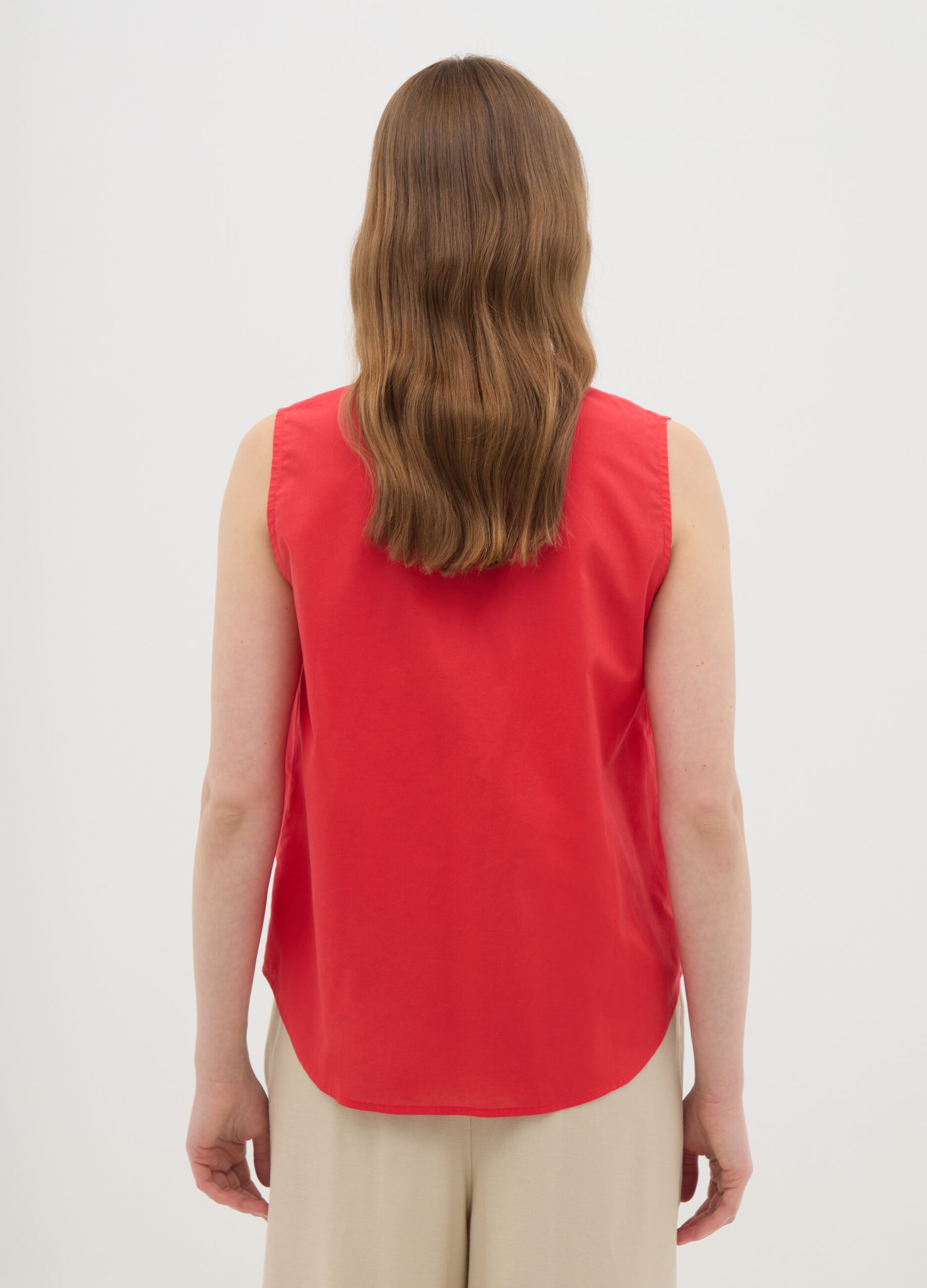 Women's Sleeveless Red Pure Cotton Shirt Regular Fit