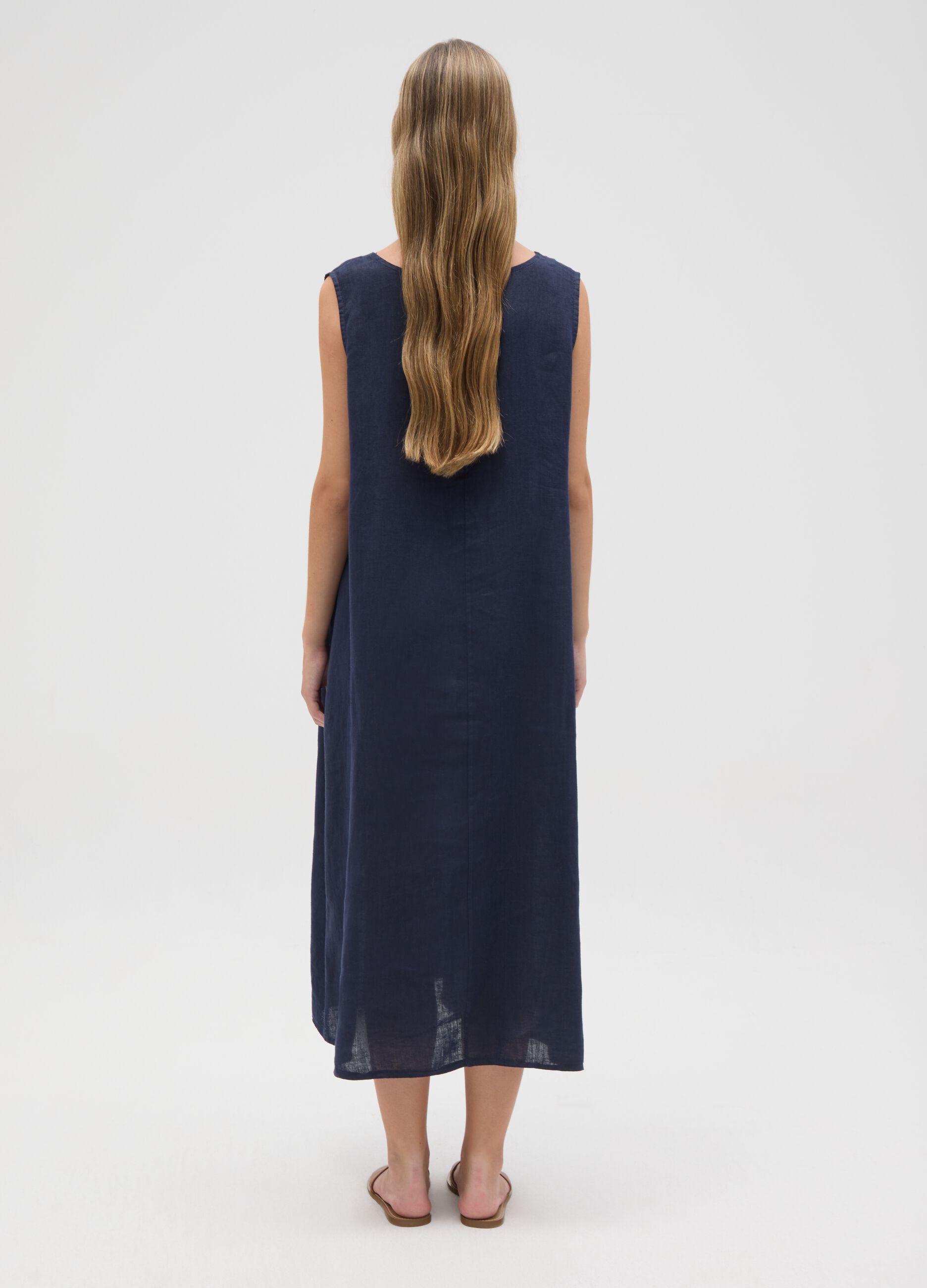 Women's Pure Blue Linen Dress Regular Fit