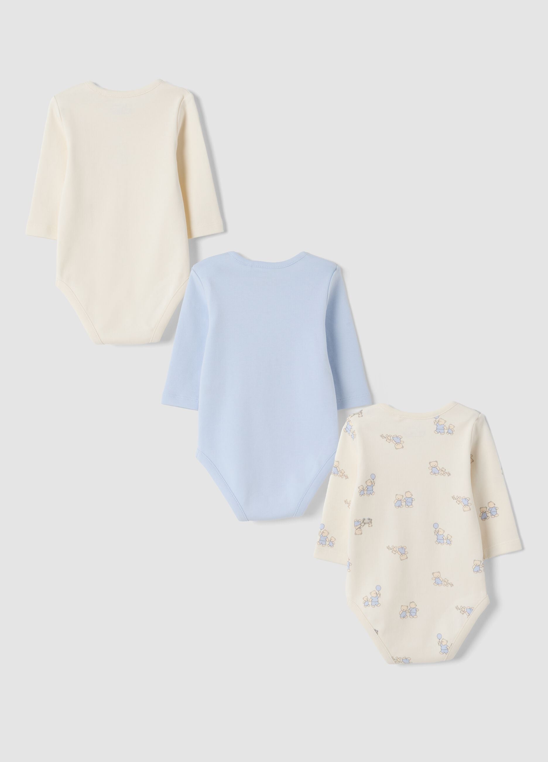 3-pack organic cotton babygrows in ivory and light blue with crew neck