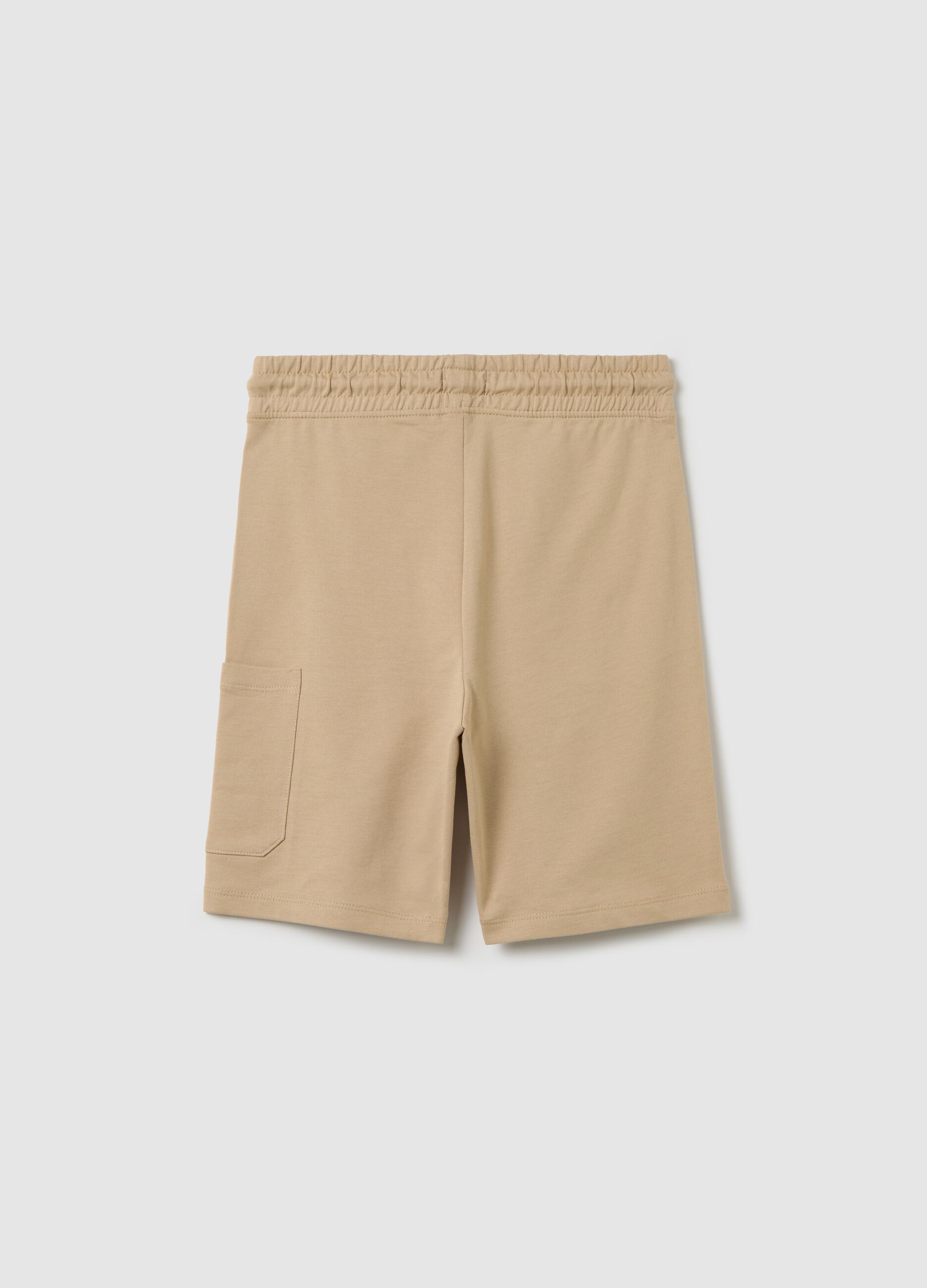 Beige cargo Bermuda joggers in cotton with drawstring