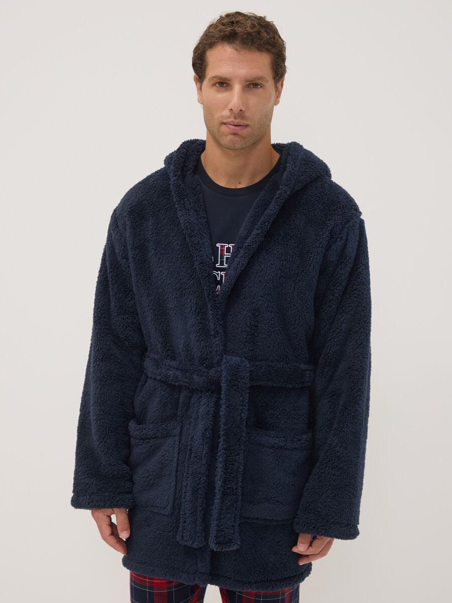Vestaglia blu navy con cappuccio e cintura_1