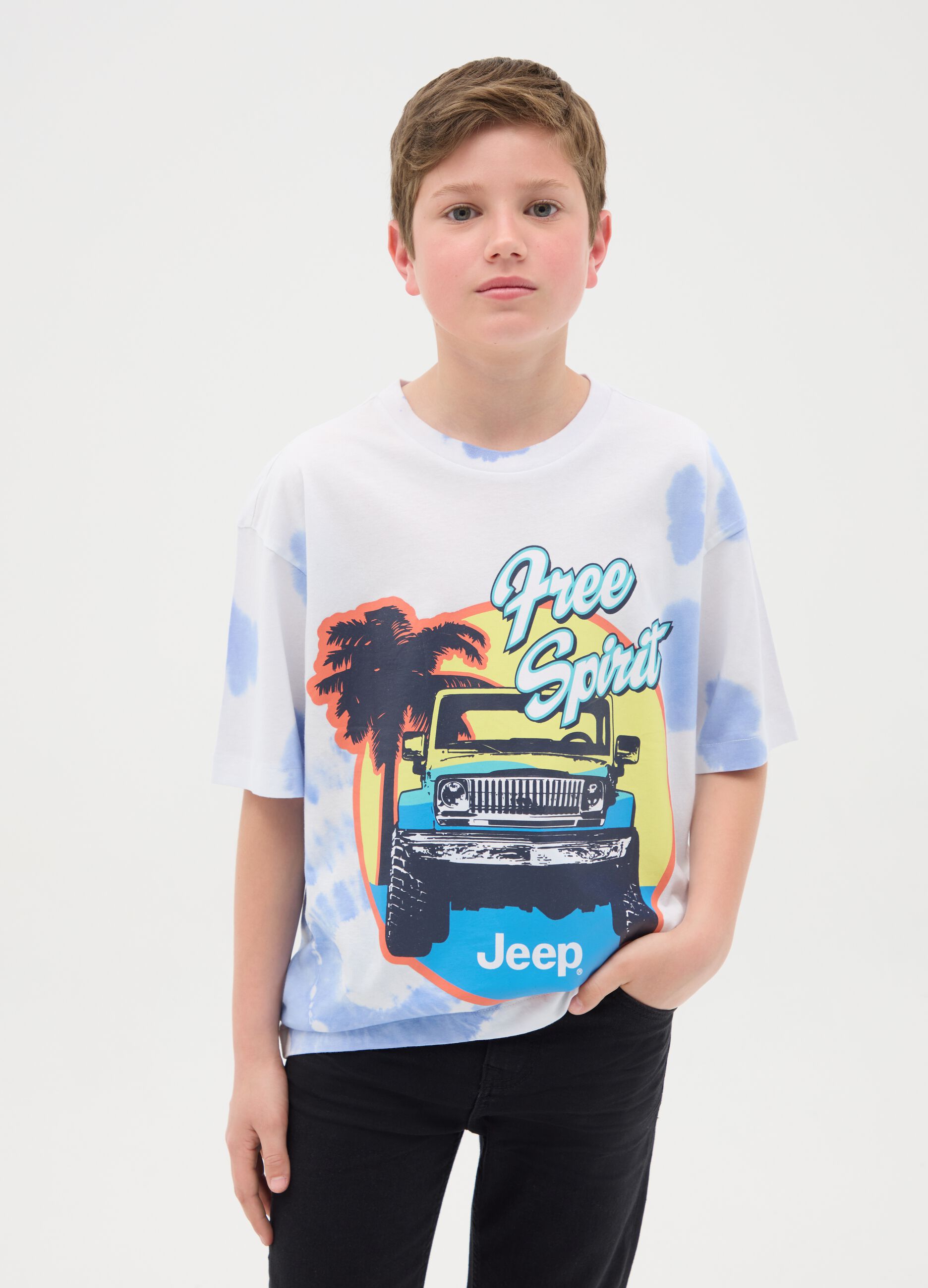 Tie-dye T-shirt in cotton with off-road vehicle print