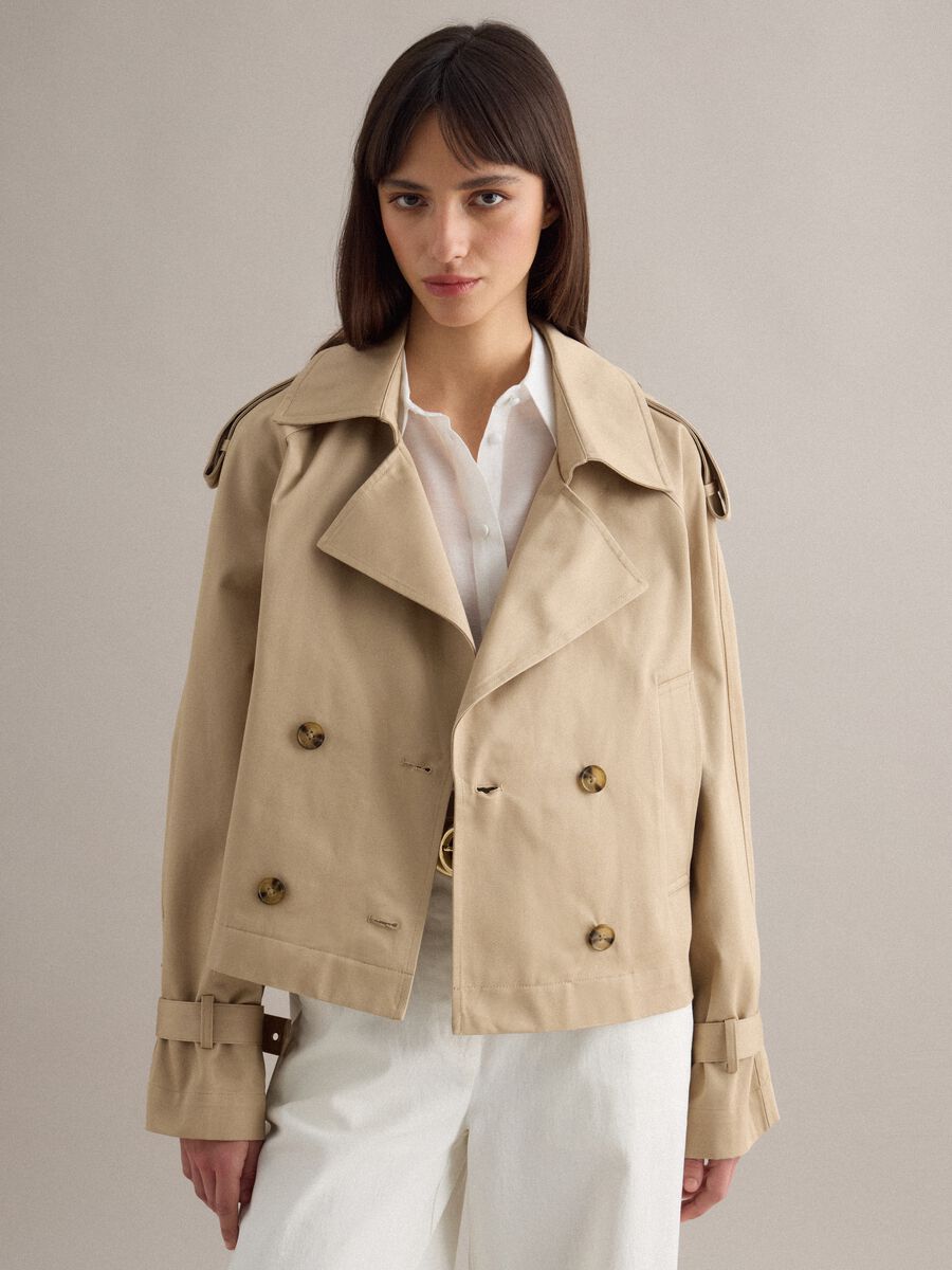 Double-breasted trench coat in pure beige cotton regular fit_0