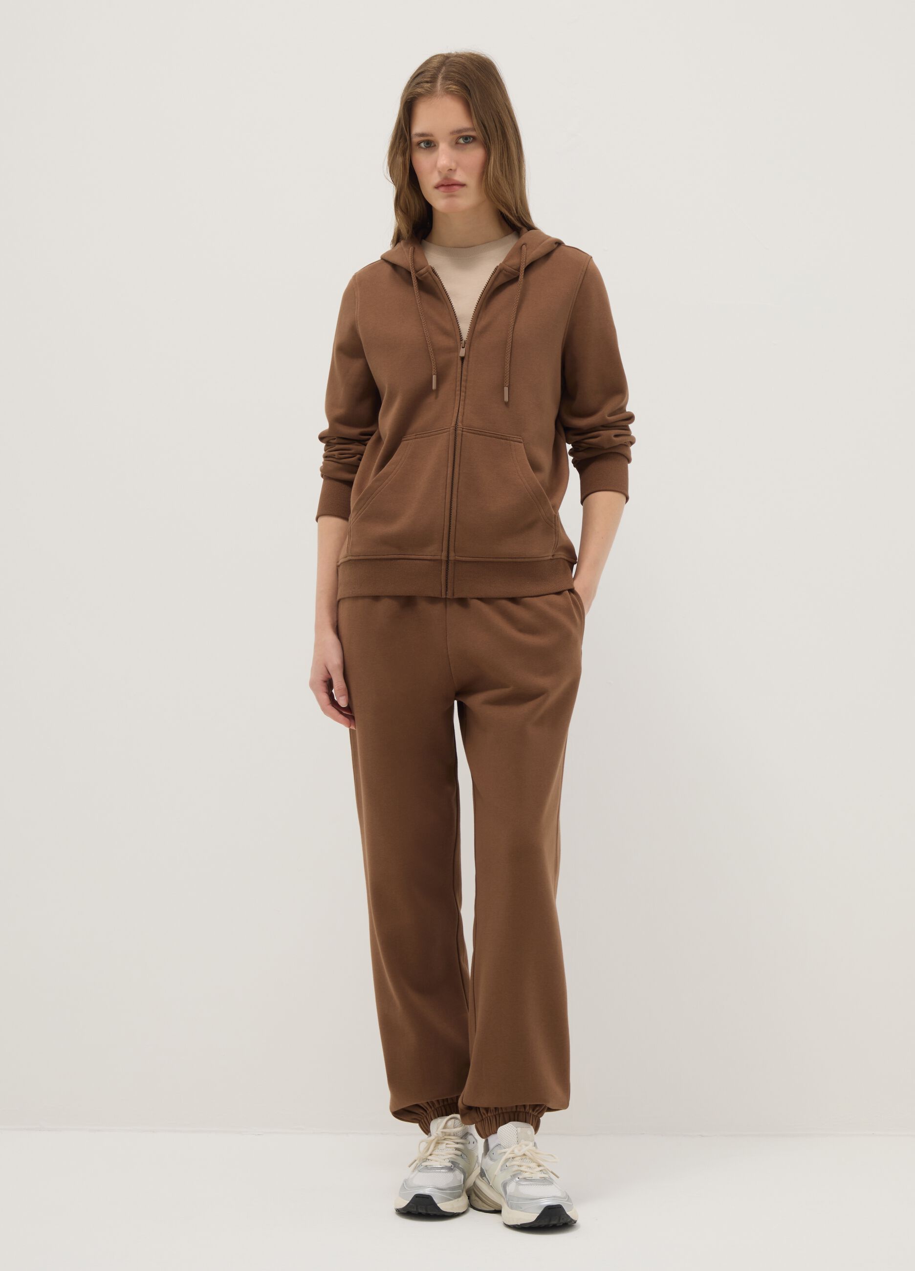 Brown cotton blend regular fit hoodie with zip