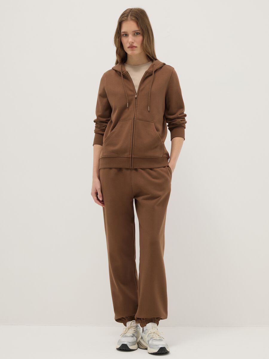 Brown cotton blend regular fit hoodie with zip_1