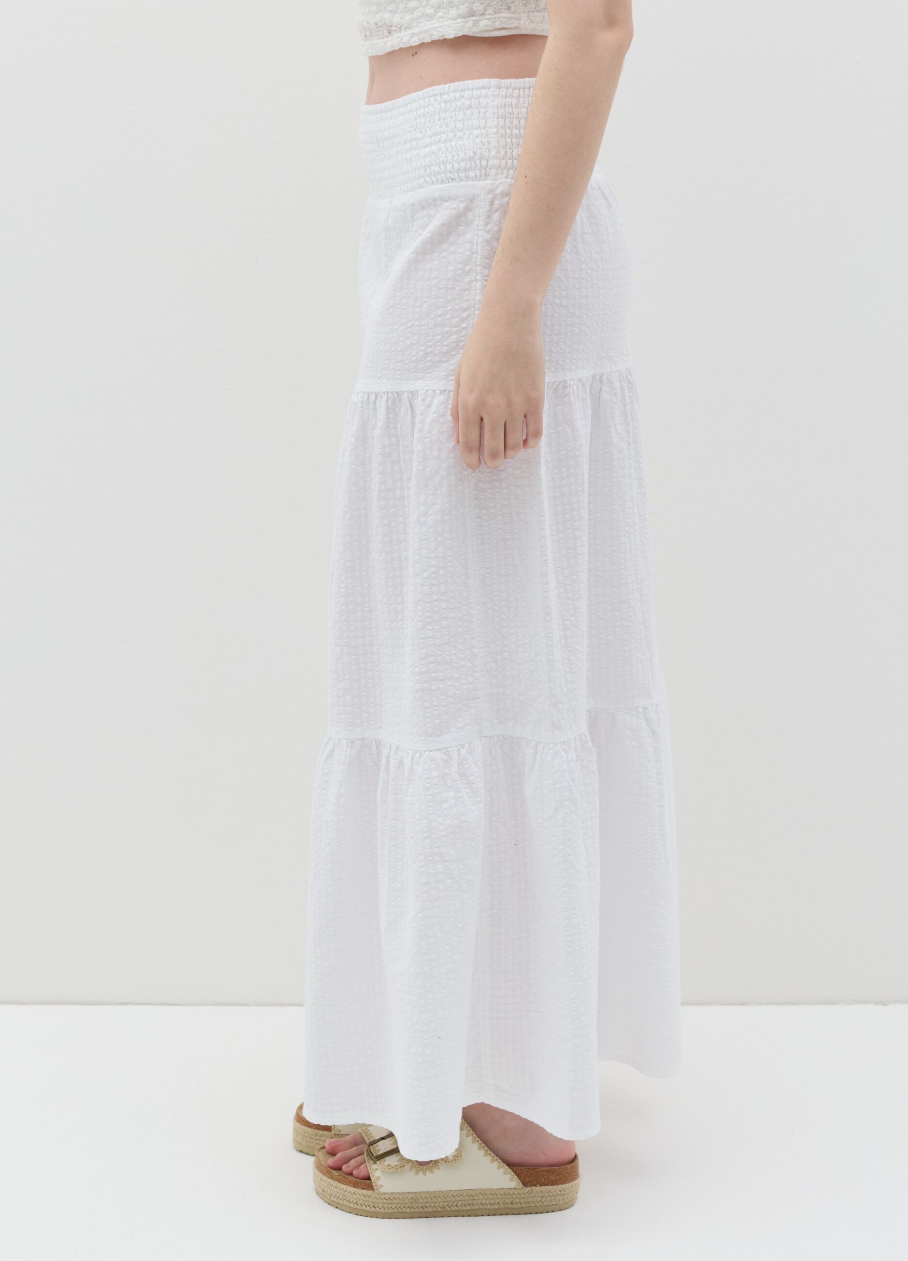 Long white tiered skirt in seersucker
