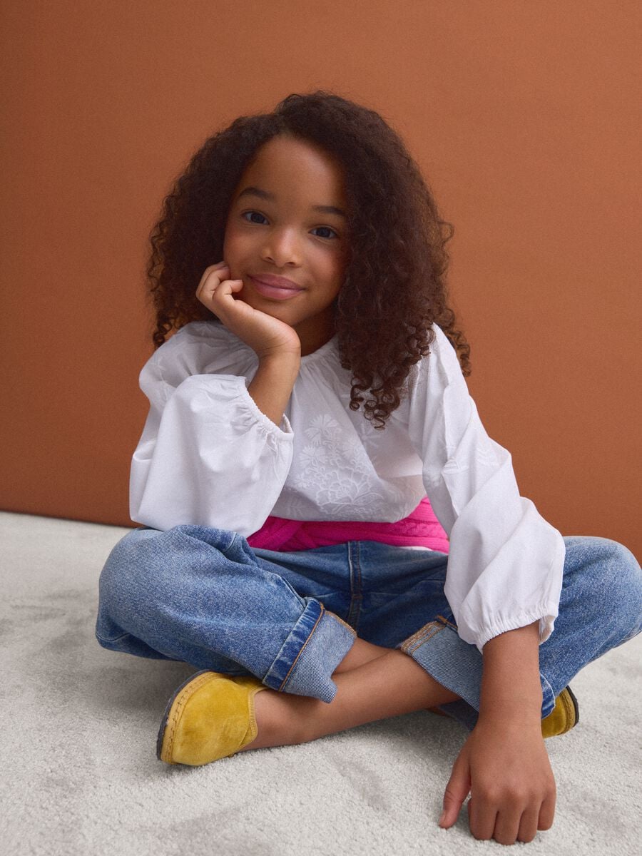 White pure cotton blouse with embroidery and gathered neckline for girls_0