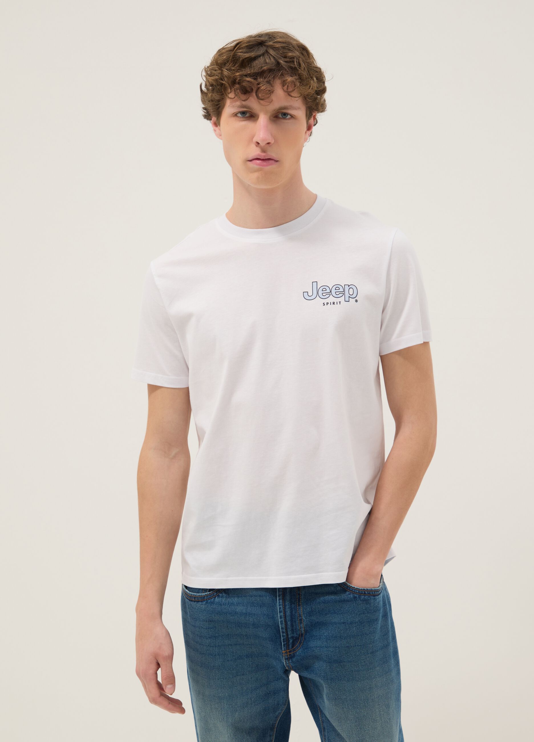 White pure cotton T-shirt with Jeep logo, regular fit