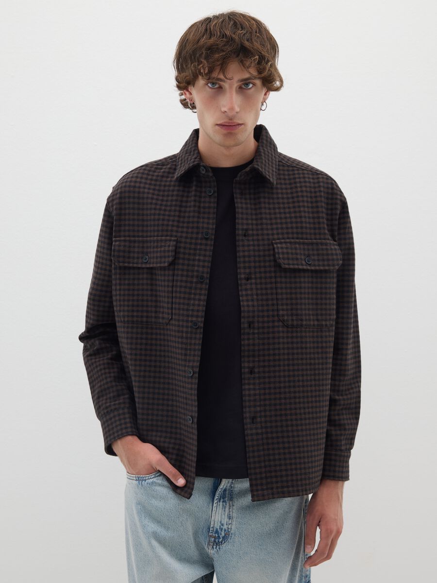 Camicia a quadri marrone in puro cotone e flanella con regular fit_0