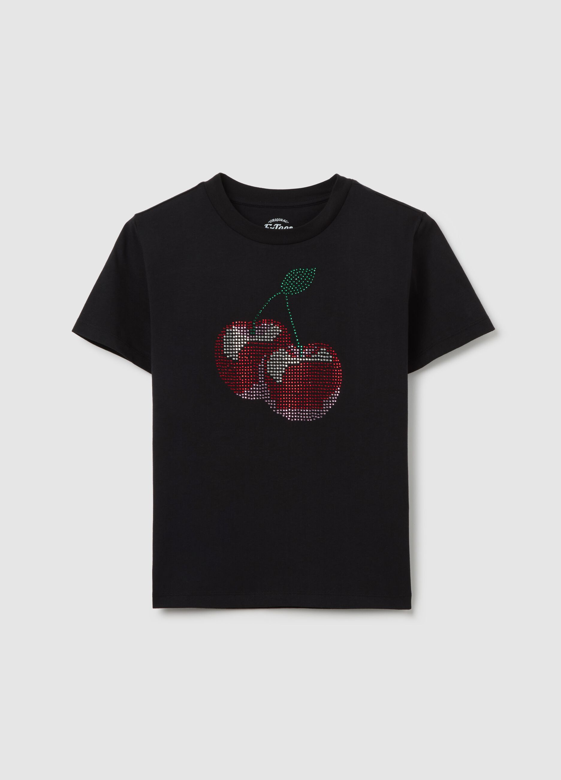T-shirt nera in cotone con ciliegie di strass 