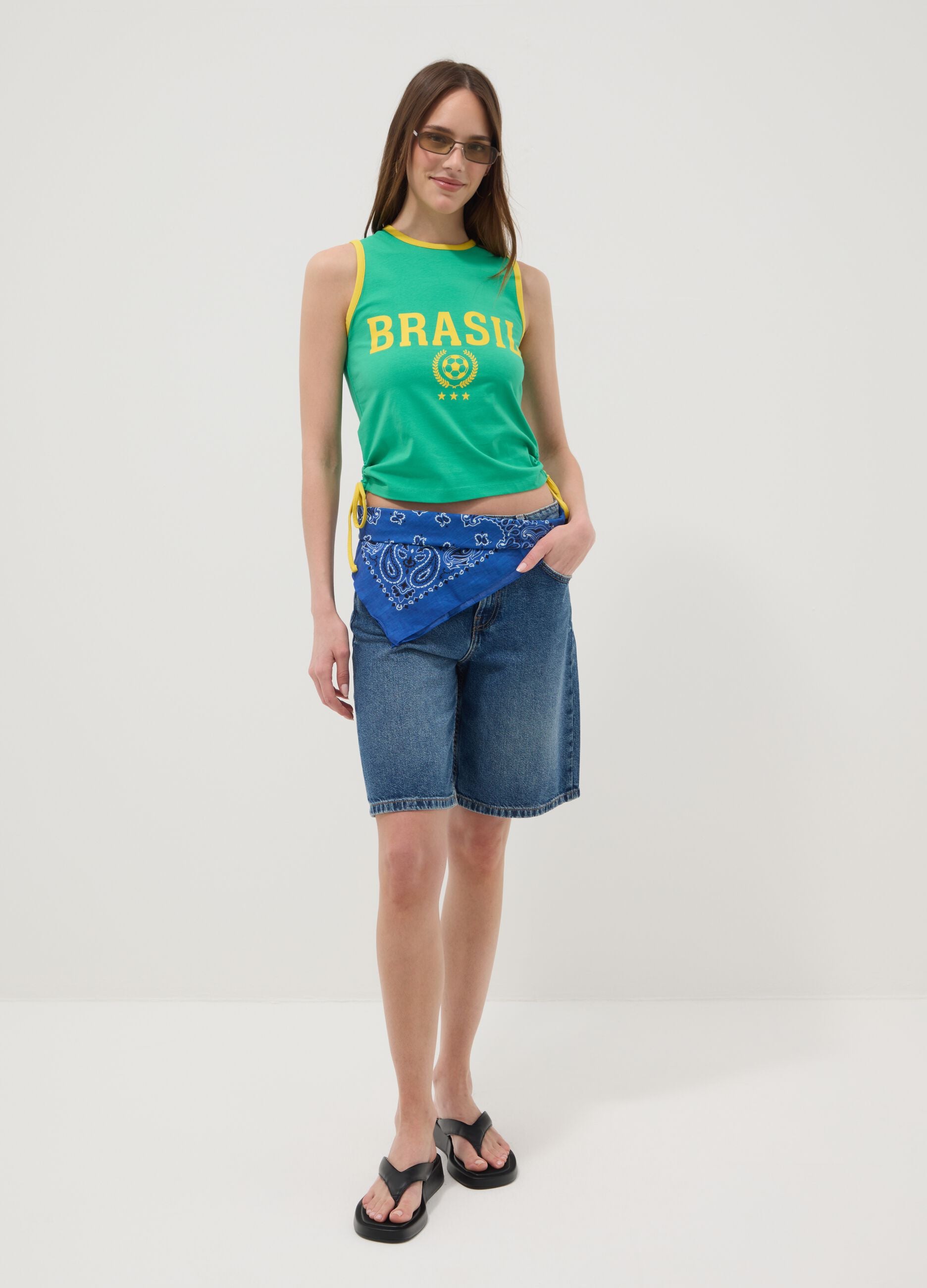 Green stretch cotton tank top with 'Brasil' slogan, regular fit